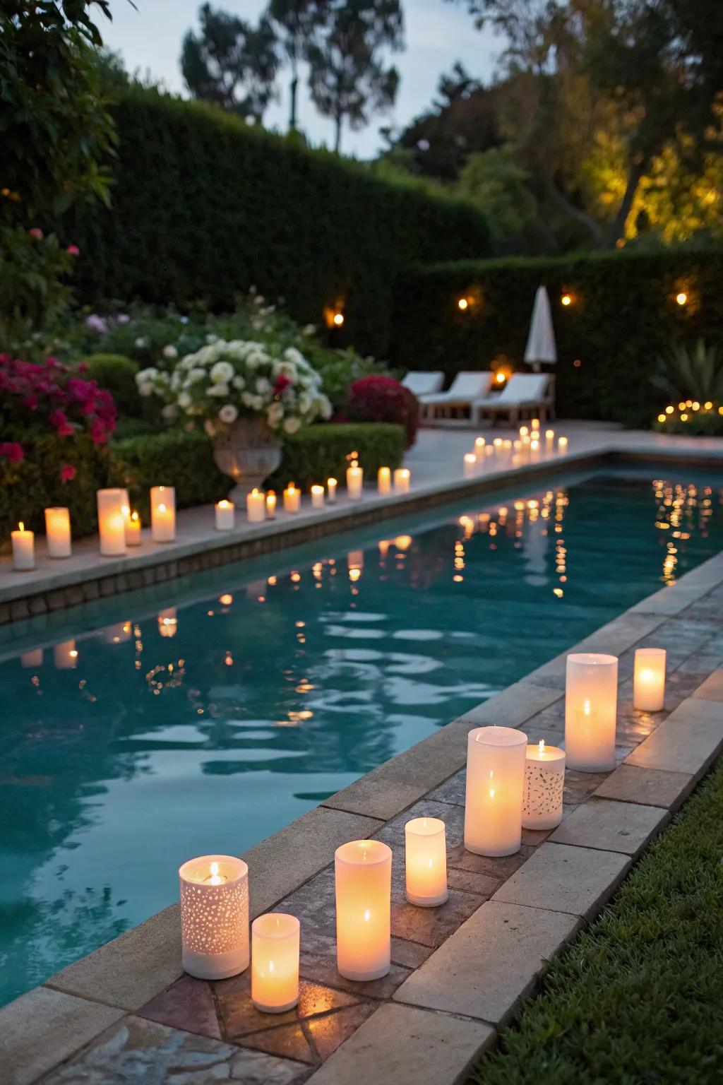 A tranquil scene with floating candles in a pool.