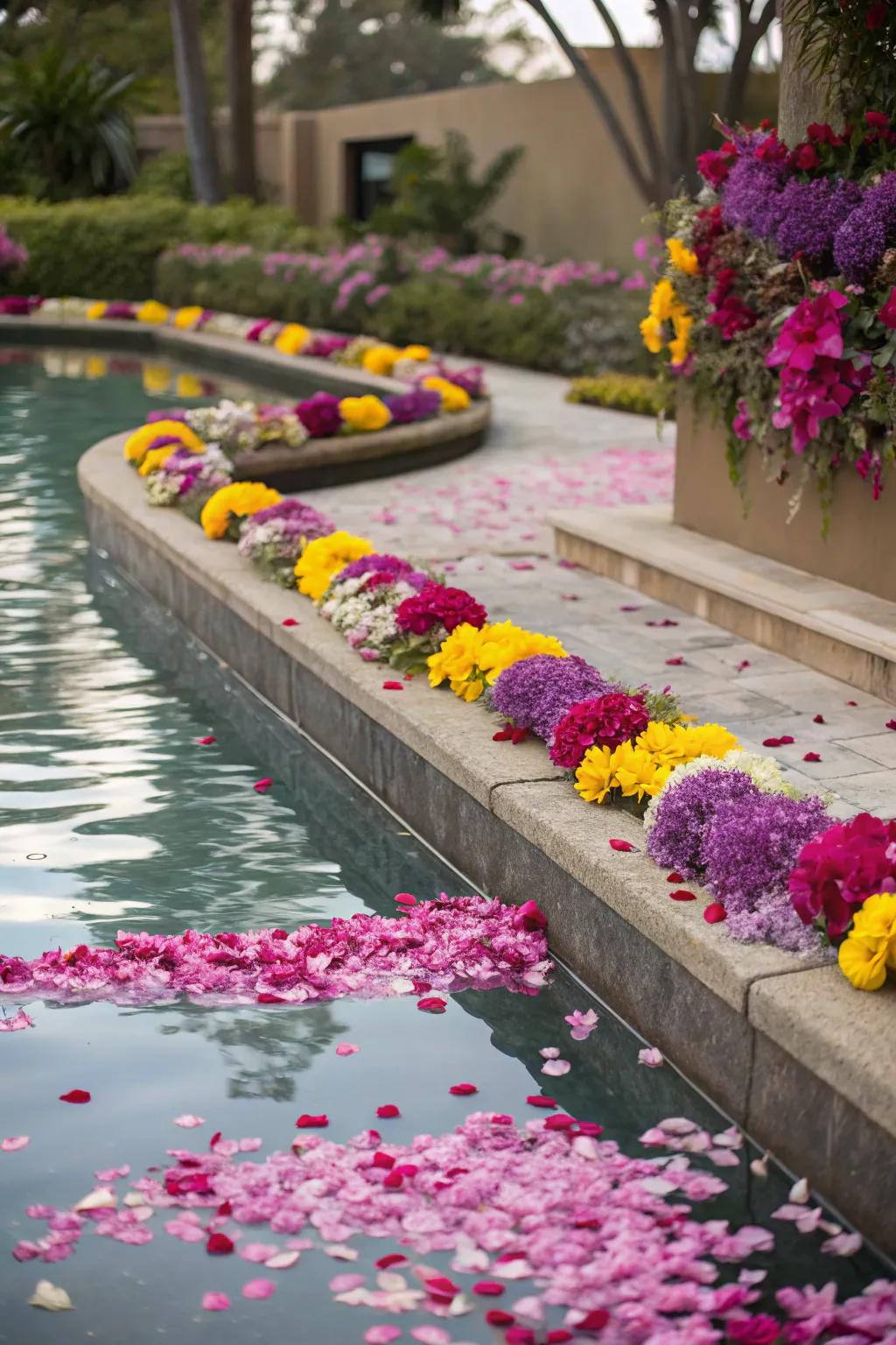 A pool embraced by lush floral beauty.