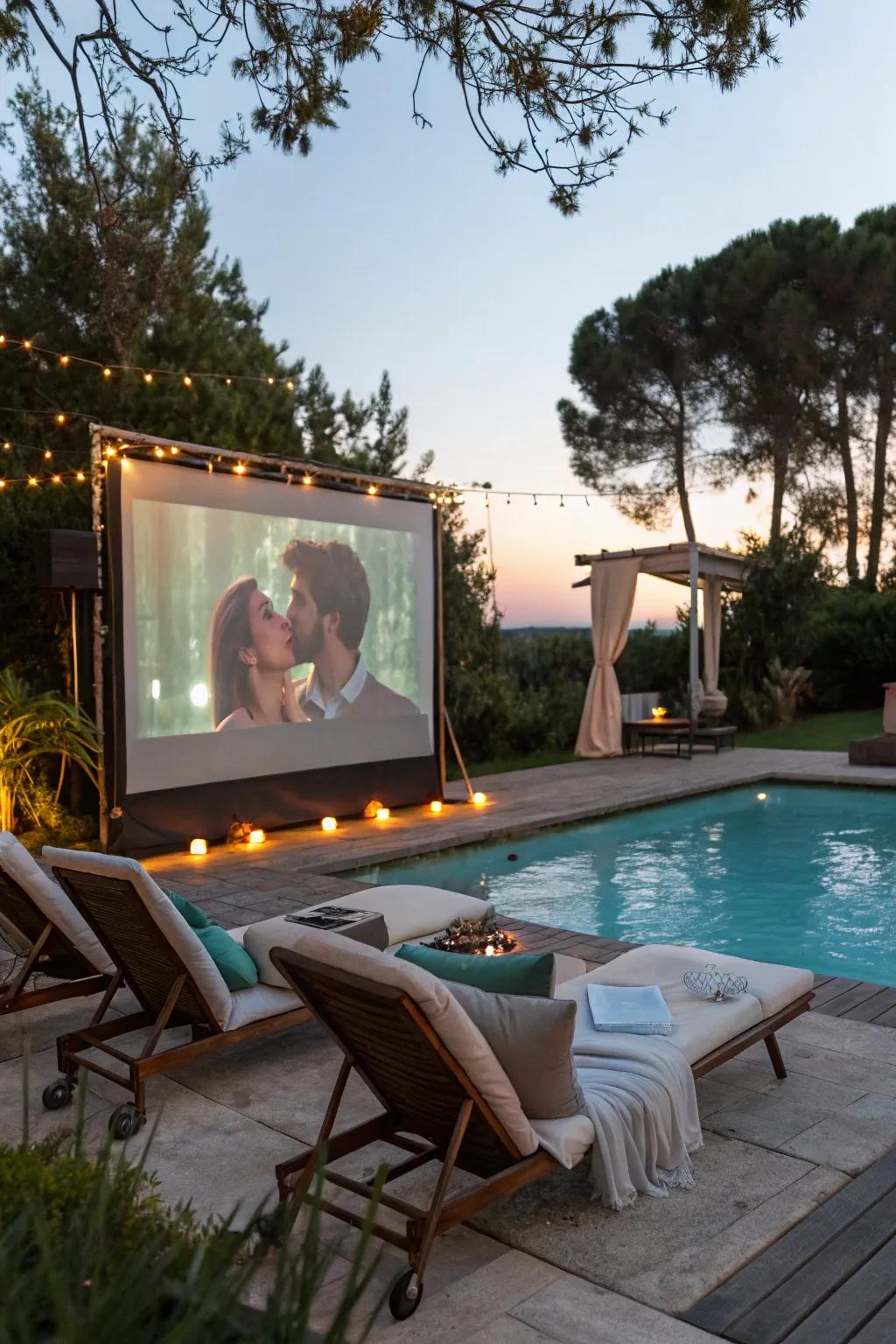 A romantic movie night by the pool.