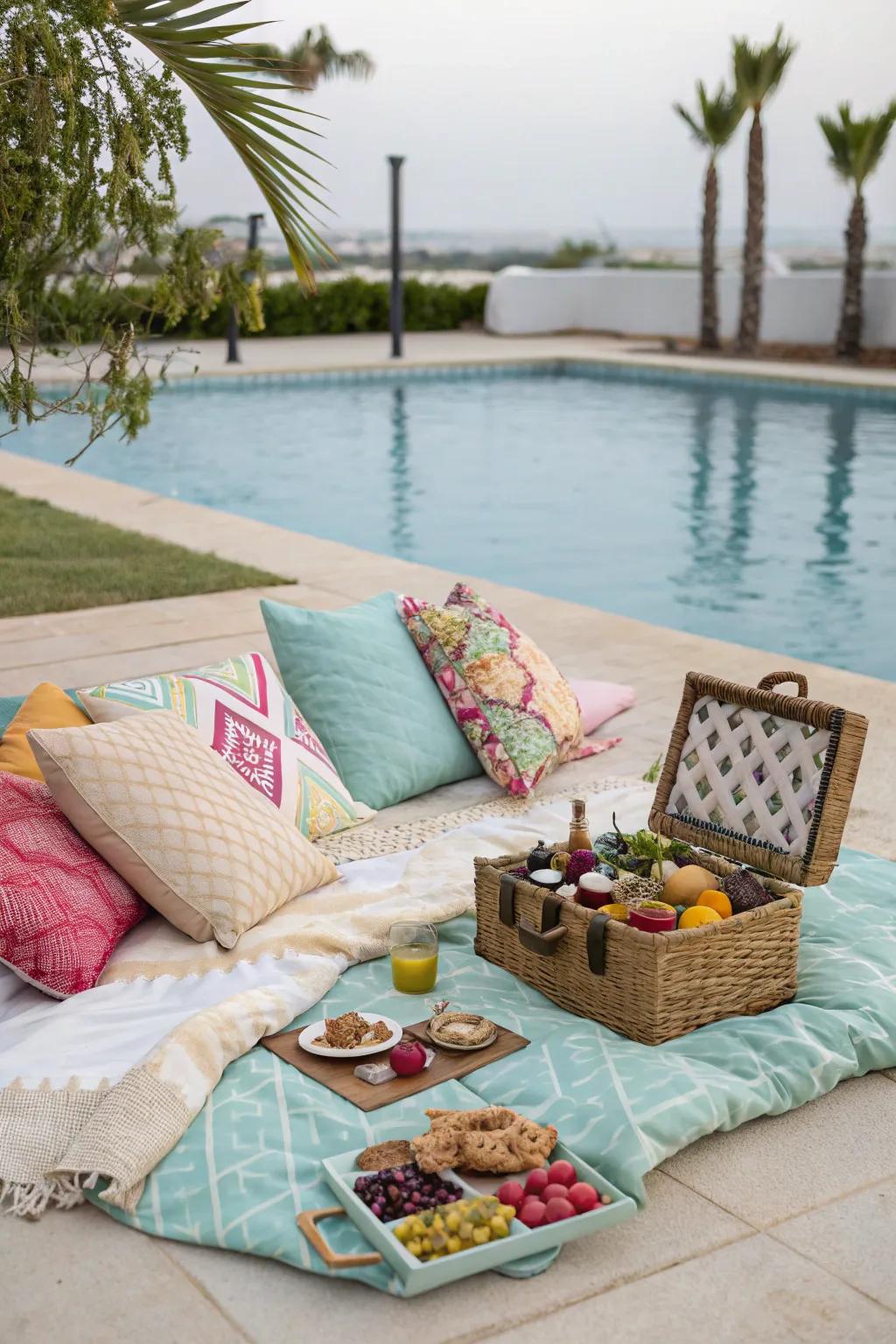 A cozy picnic setup by the pool.