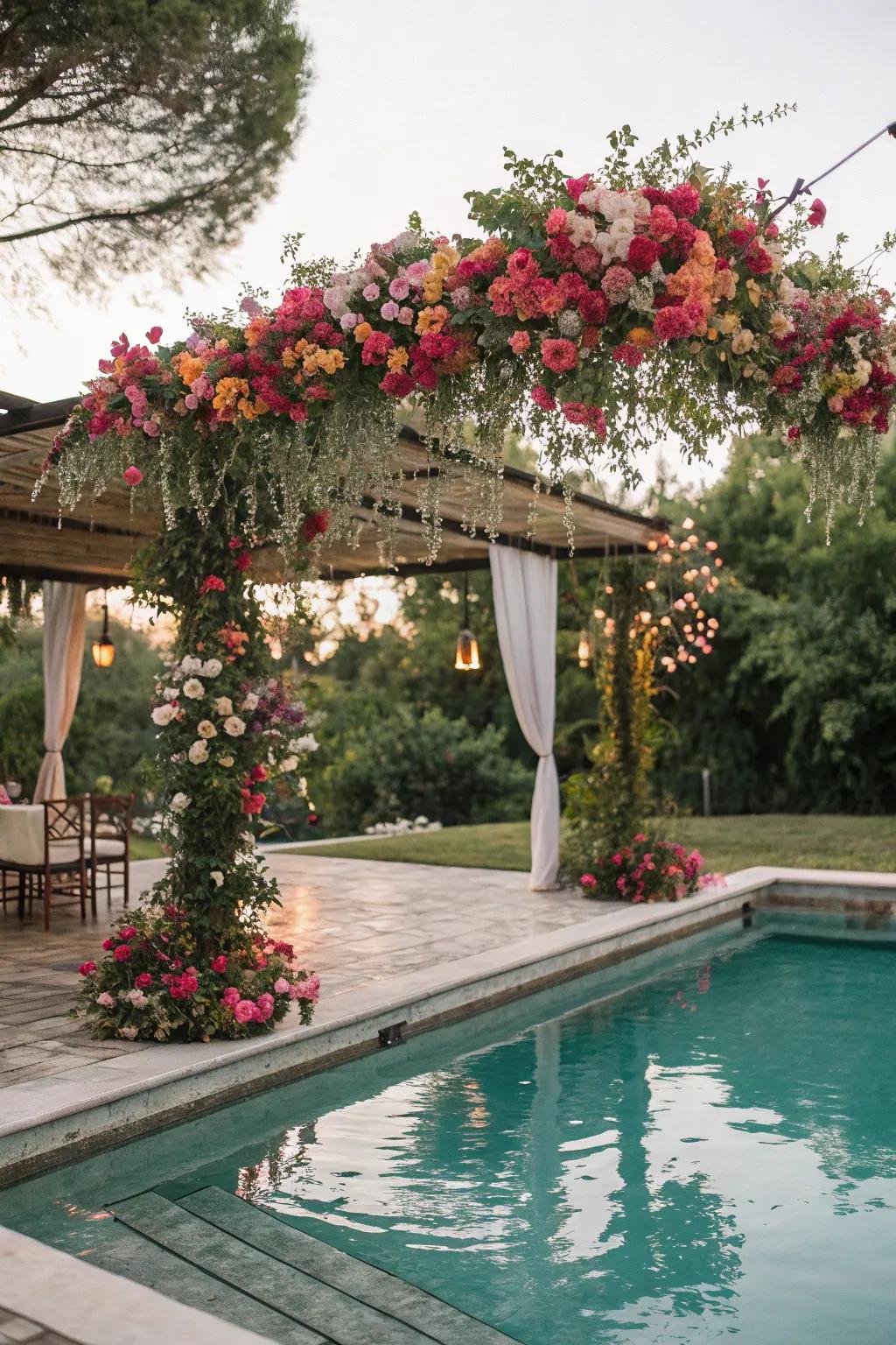 A breathtaking floral canopy over the pool.