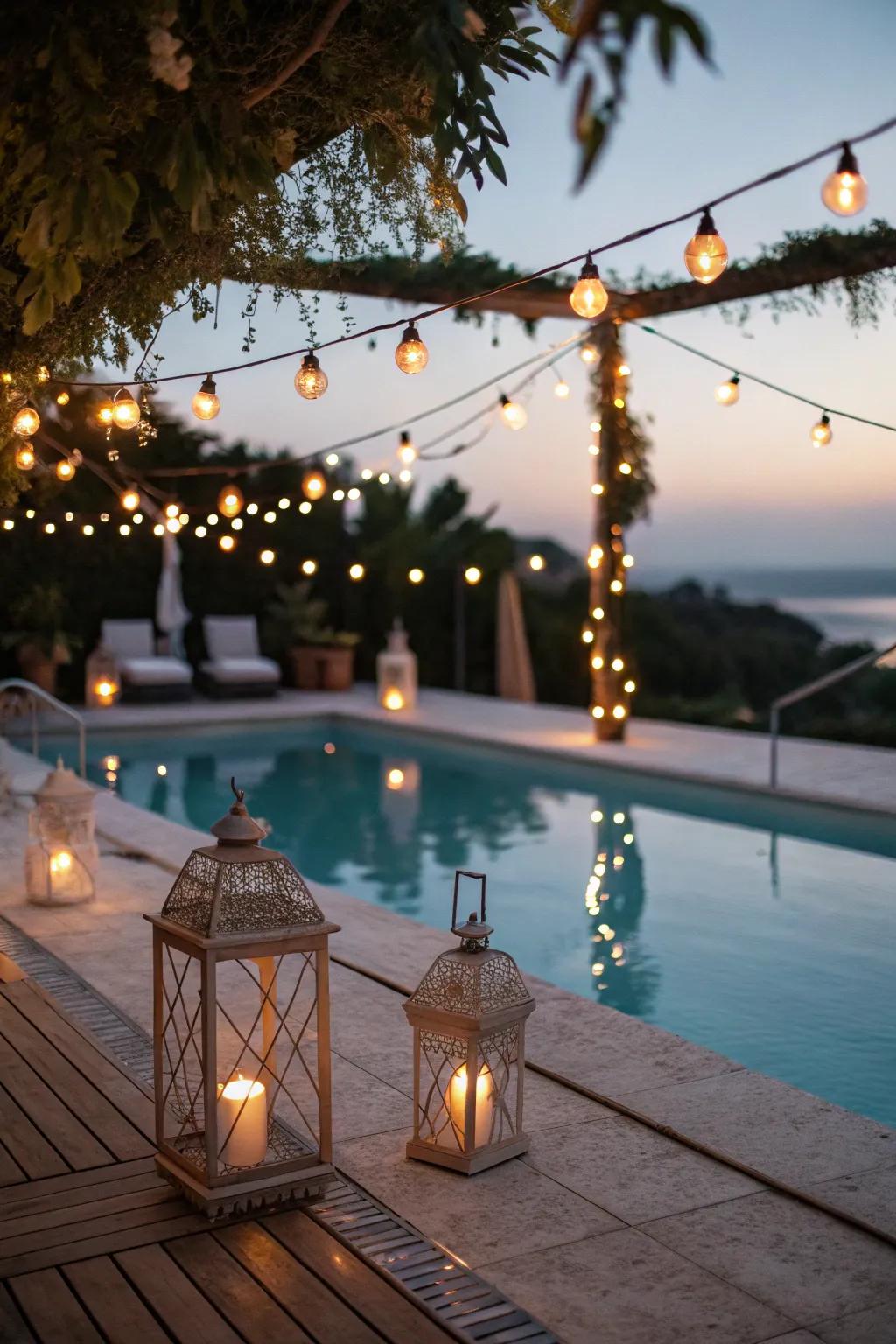 Poolside illuminated by romantic string lights.