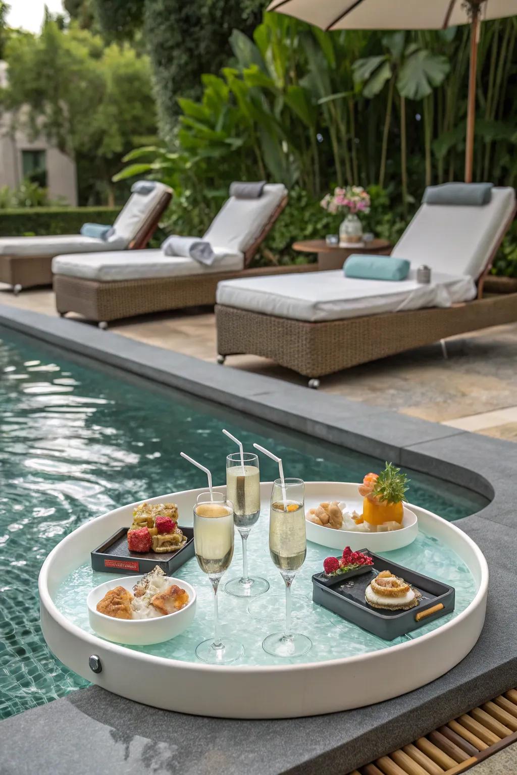 Floating trays with Champagne for a touch of luxury.