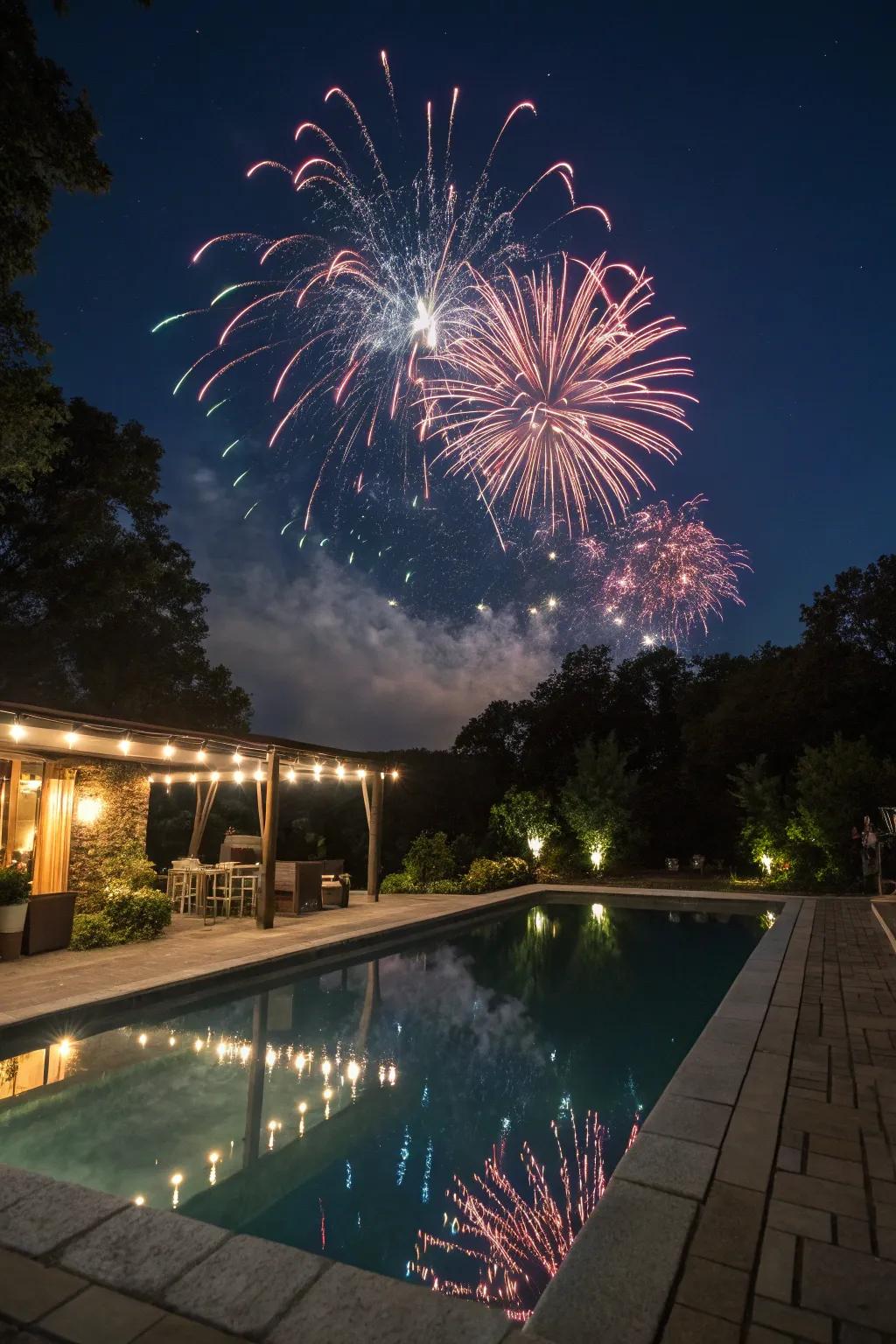 A spectacular fireworks display lighting up the poolside.
