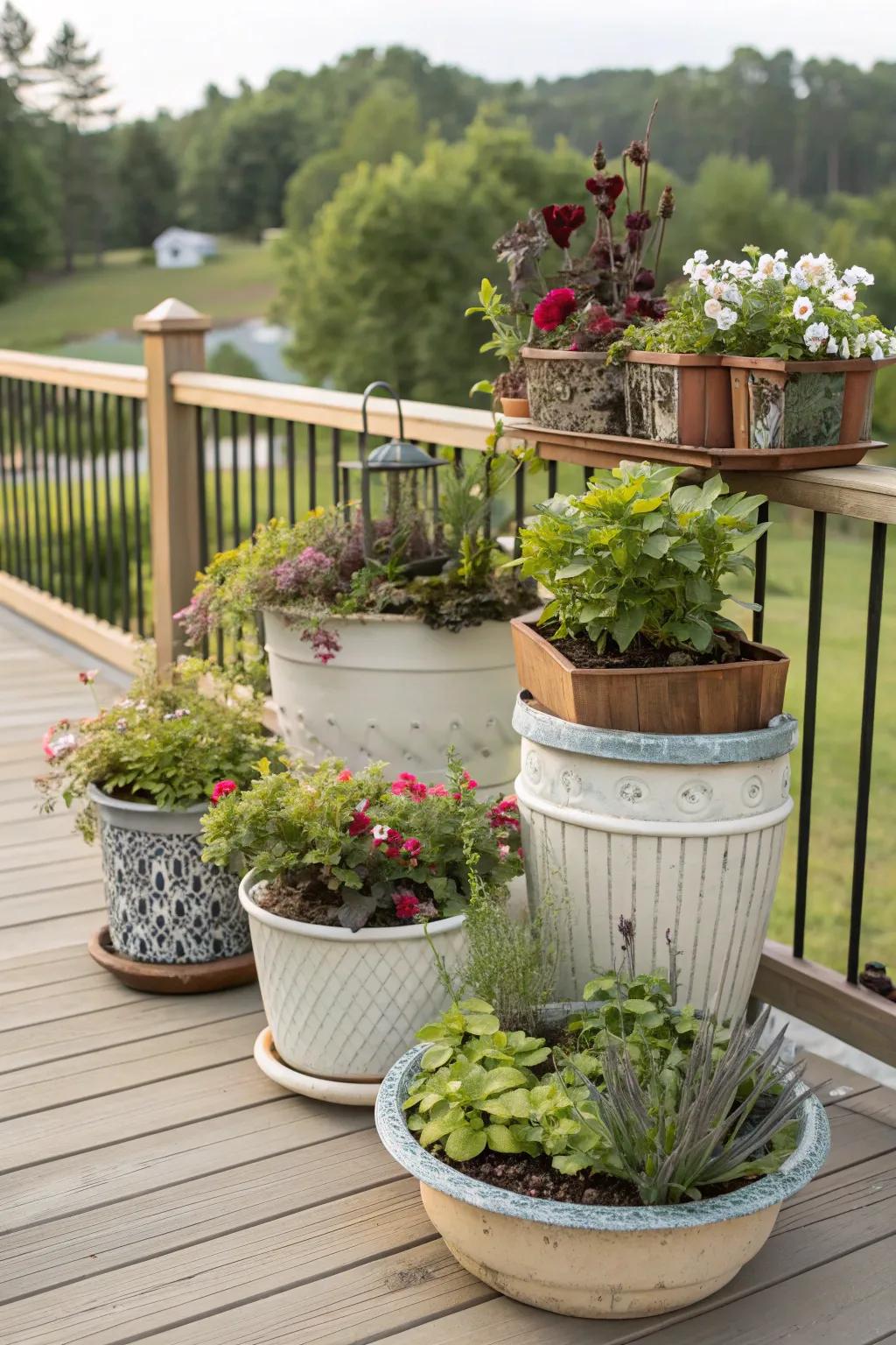 Thrifted containers add character to your deck garden.