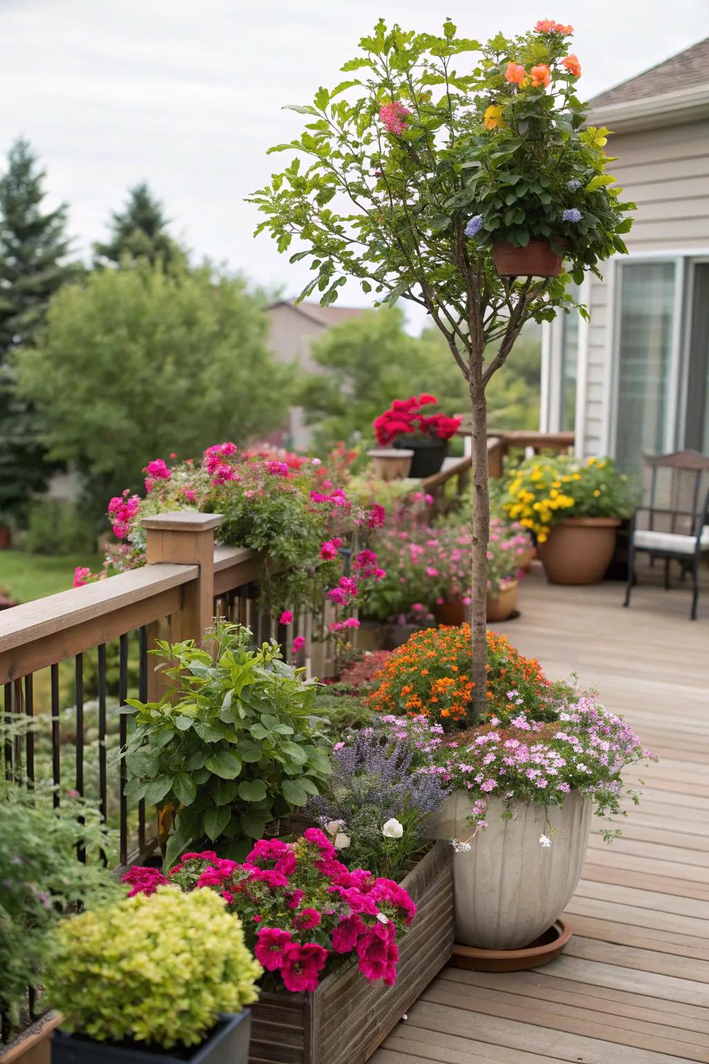 A mix of plant types adds depth to your deck garden.