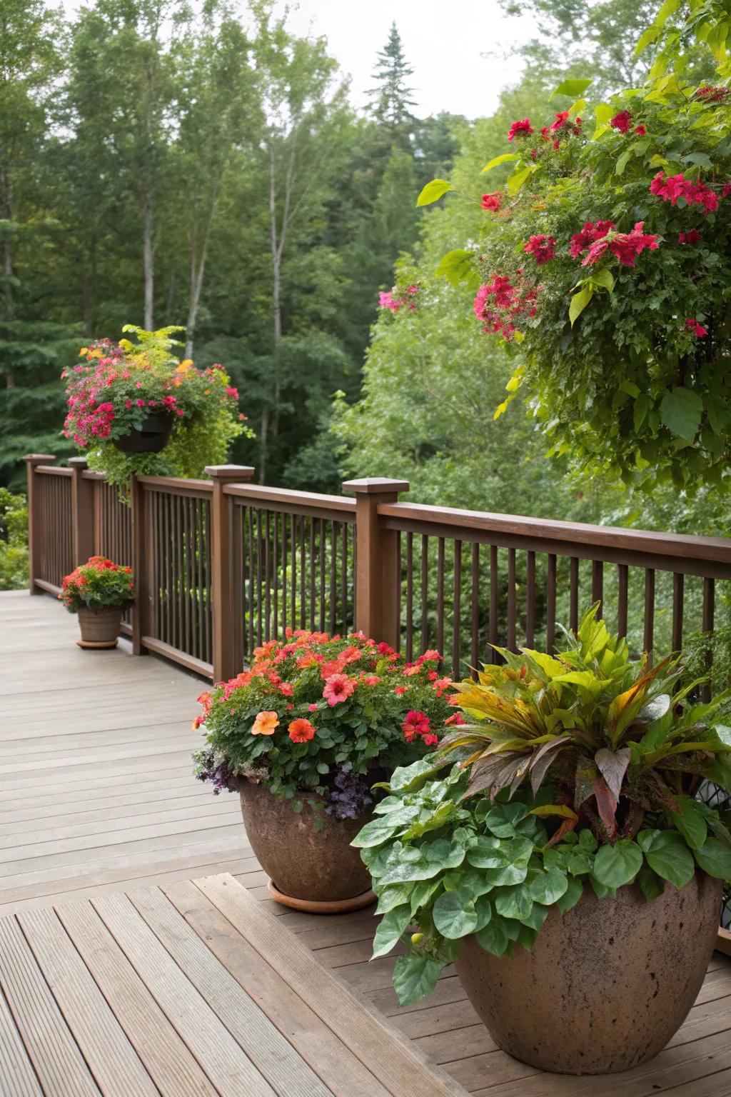 Large pots filled with colorful plants create a stunning focal point on your deck.