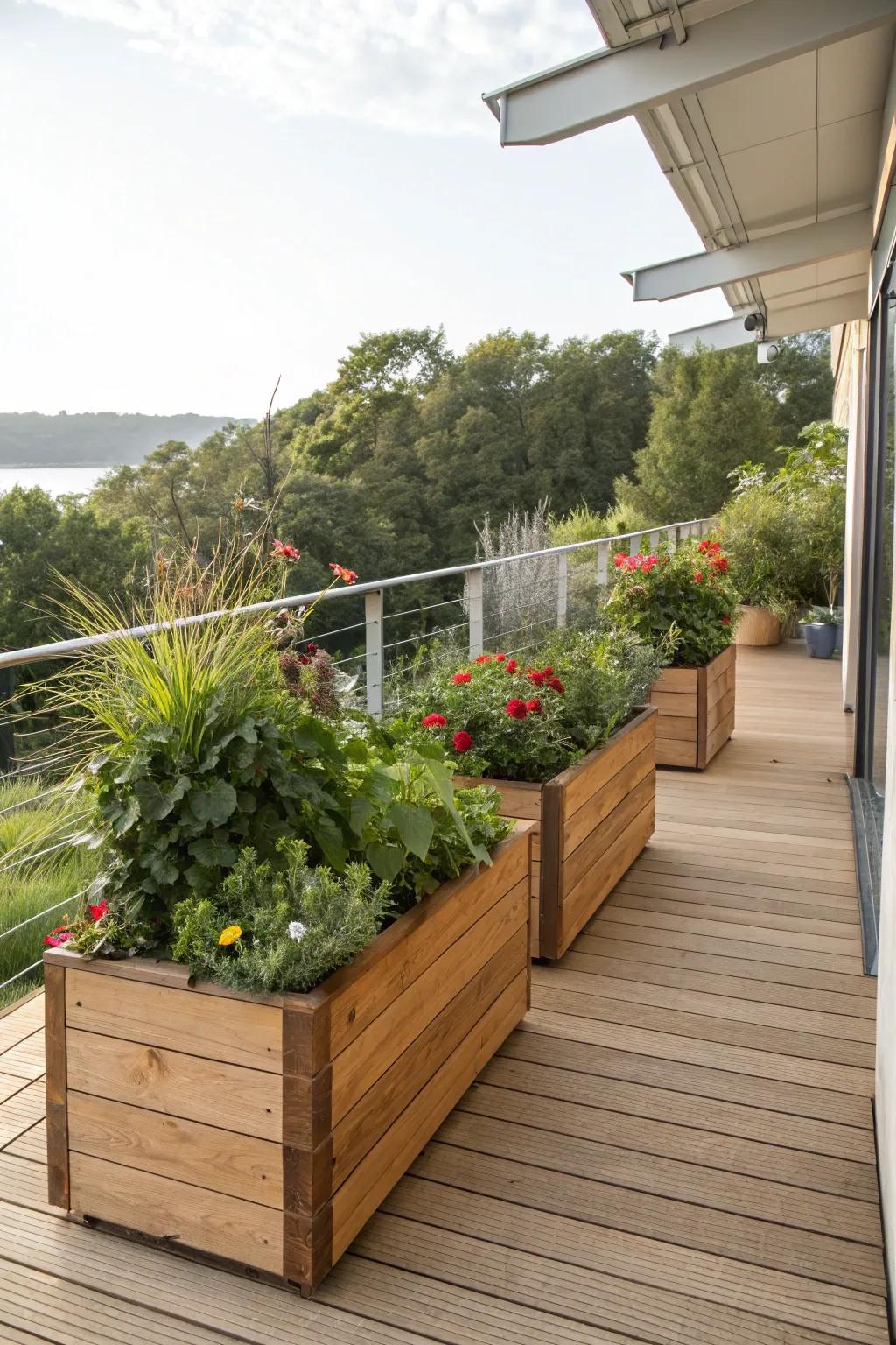 Natural elements like wooden planters add warmth to your deck.