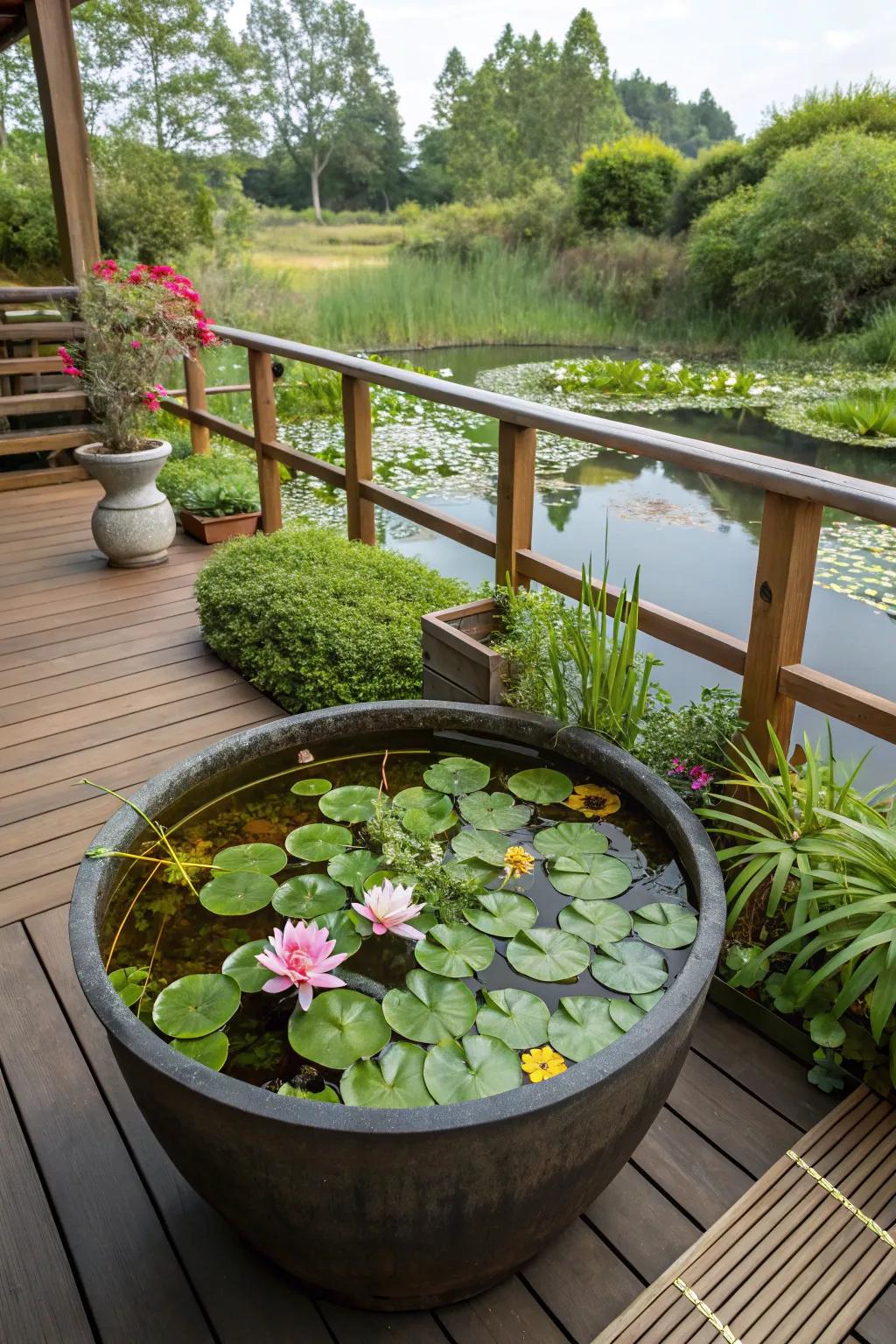A container water garden adds a unique touch to your deck.