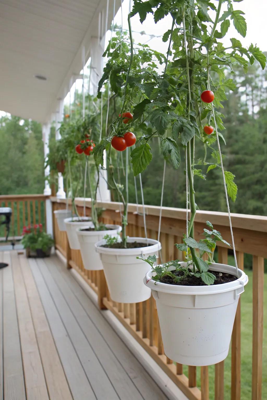 Upside-down planters add a quirky touch to your deck garden.
