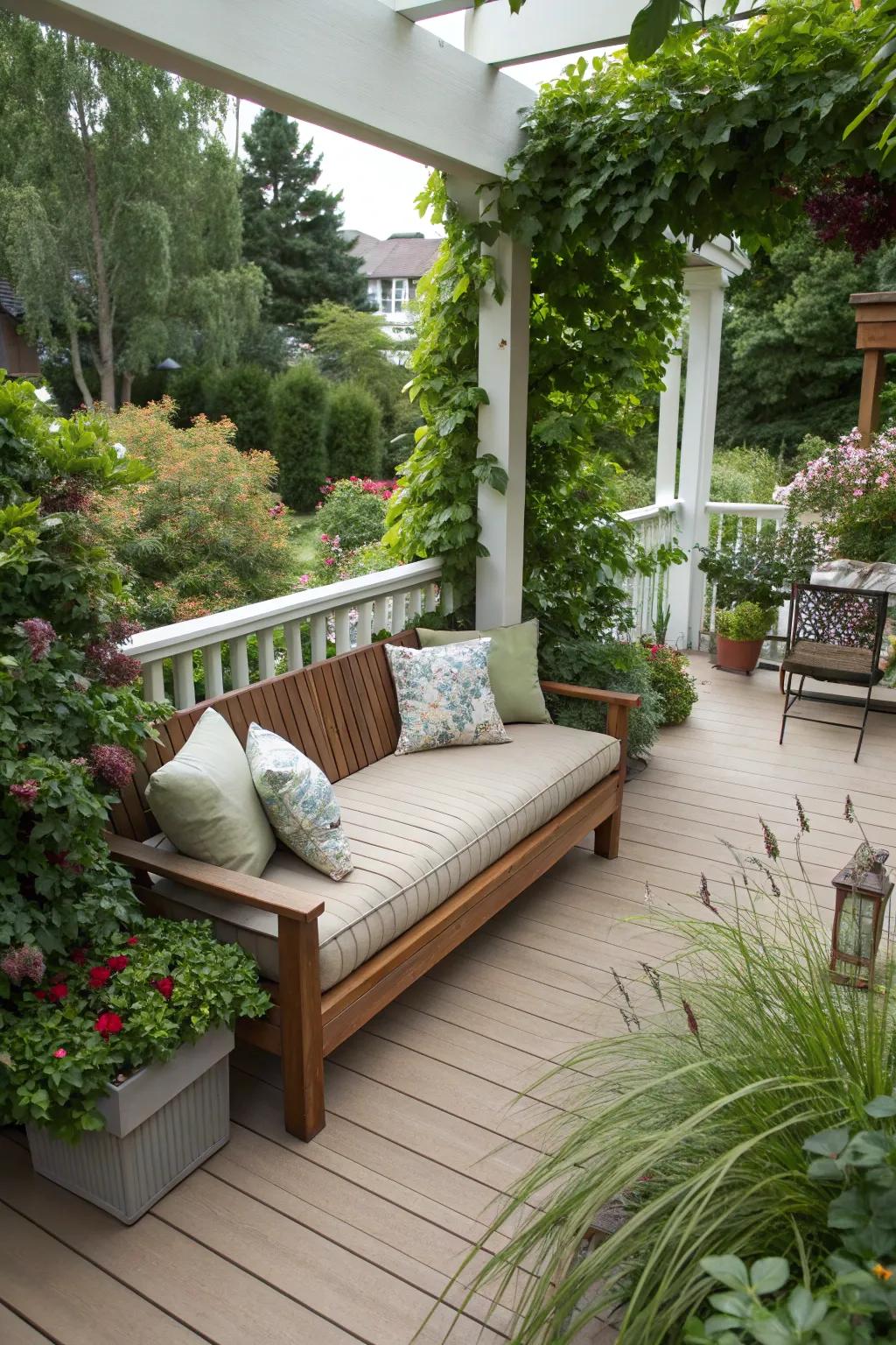 Create a cozy seating area to enjoy your deck garden.