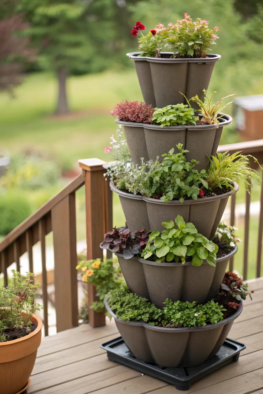 Stacked planters add height and variety to your deck garden.