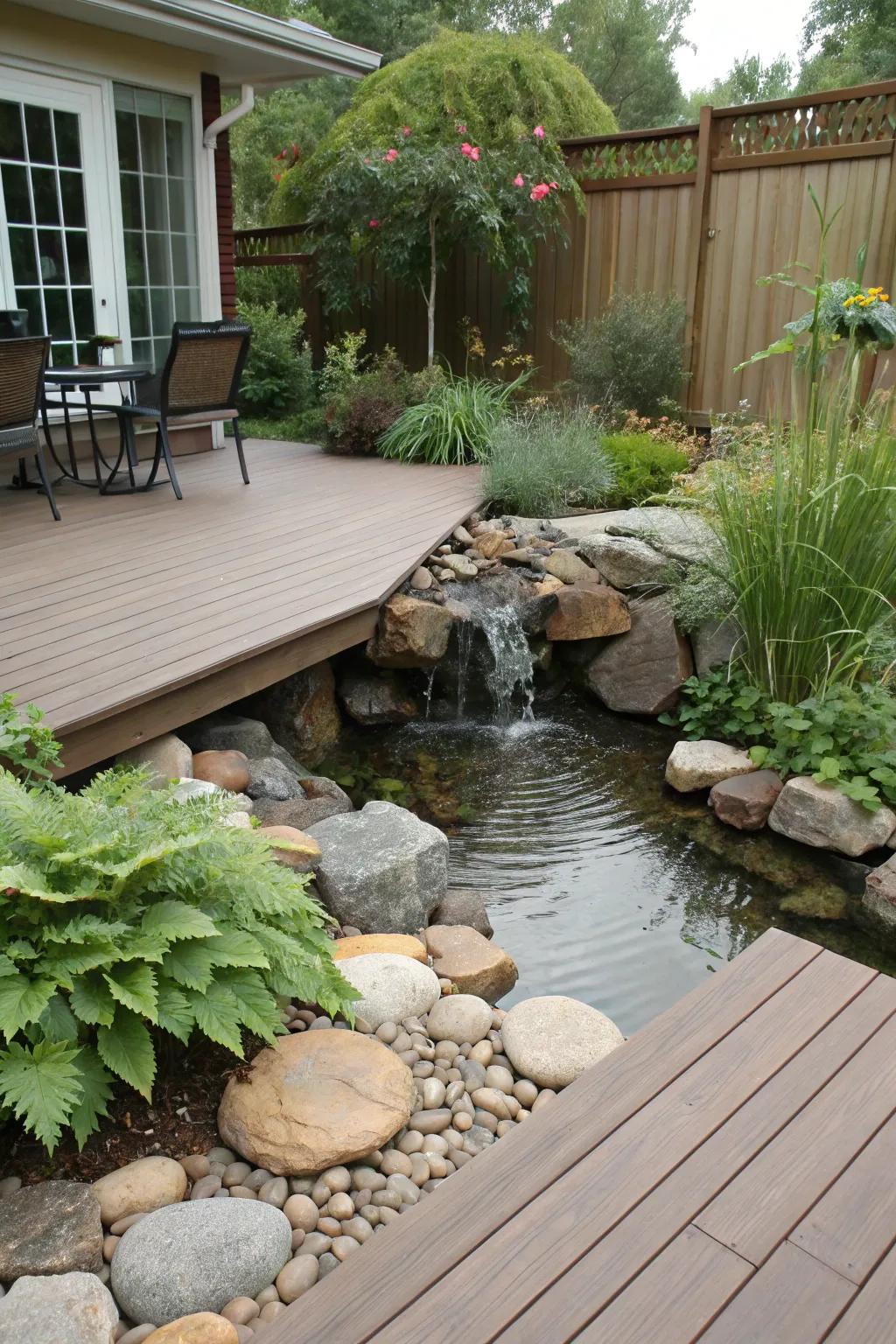 A water feature adds tranquility to your deck garden.