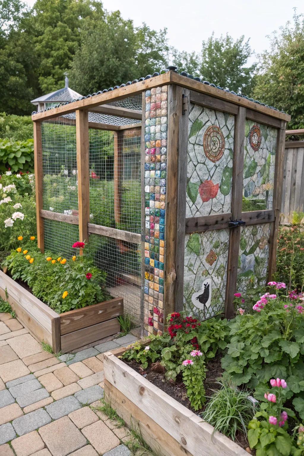 A crop cage with artistic mosaic tile accents.