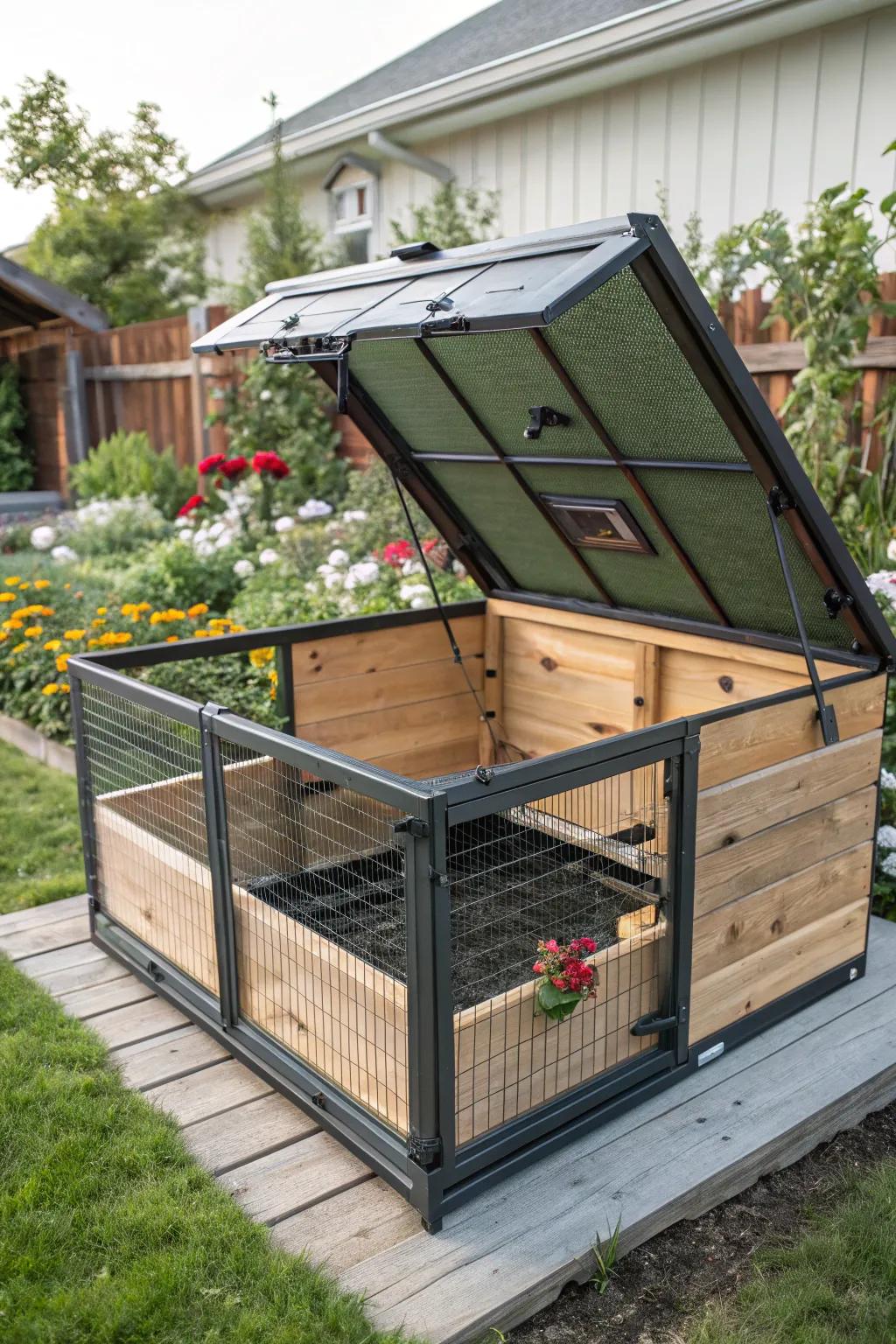 A crop cage with a convertible roof for flexibility and access.