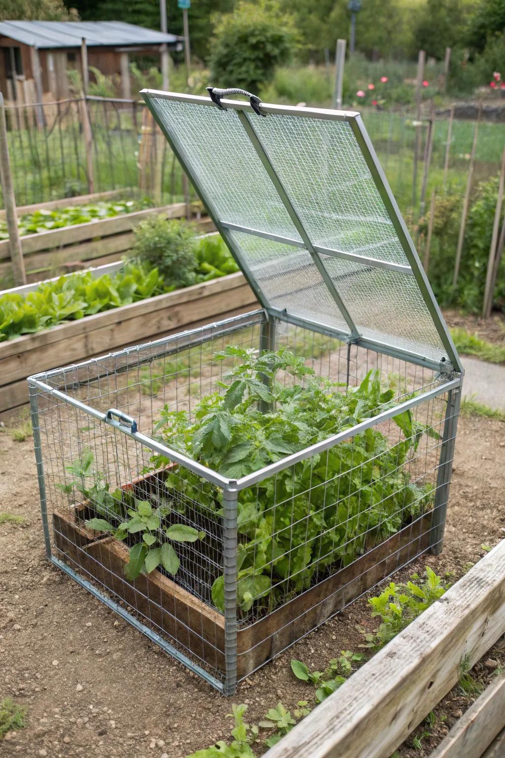 A crop cage with a hinged top for convenient access.