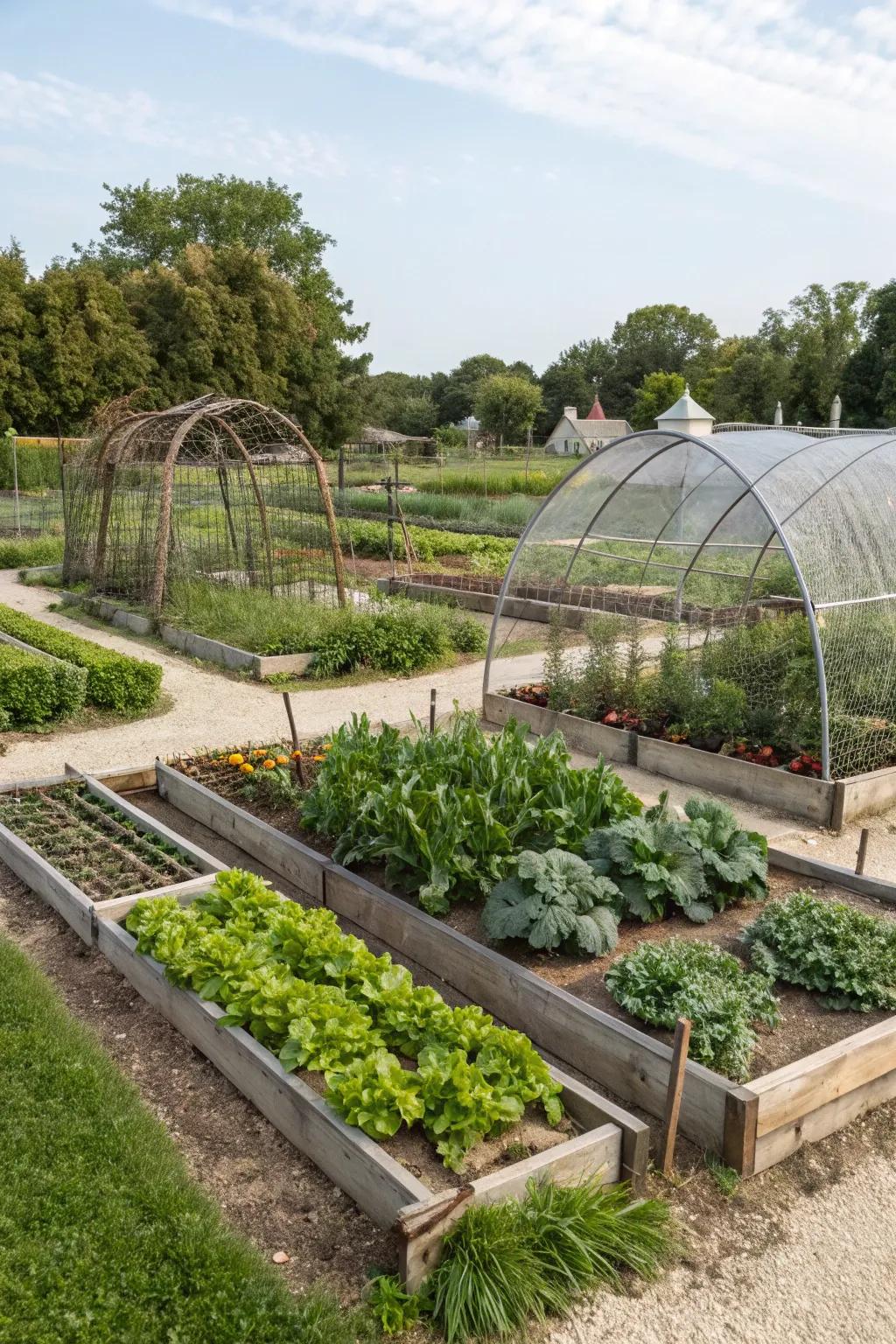Raised bed crop cages for organized and protected gardening.