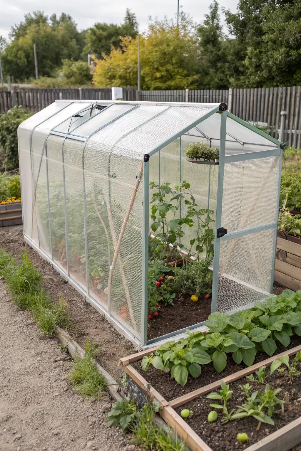 A crop cage with insulating polycarbonate panels.