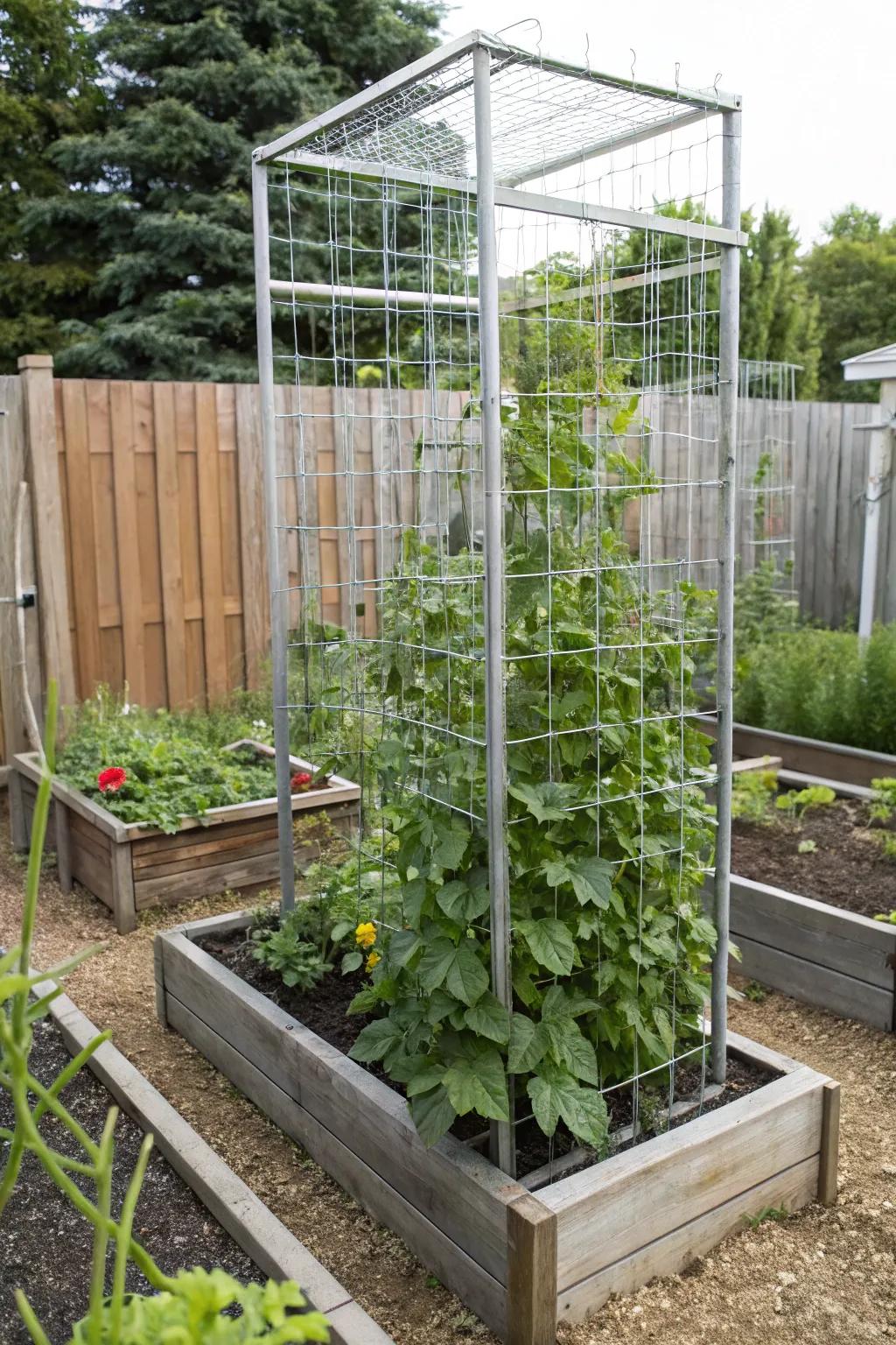 Vertical crop cages for efficient use of small garden spaces.