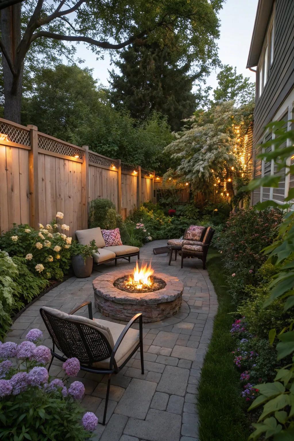 A fire pit adds warmth and a central gathering spot.
