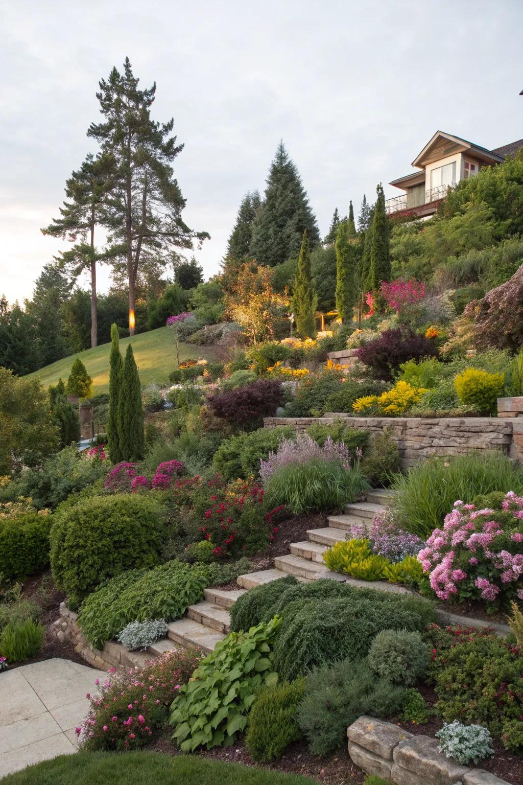 A cascade of diverse plants creates a dynamic landscape.