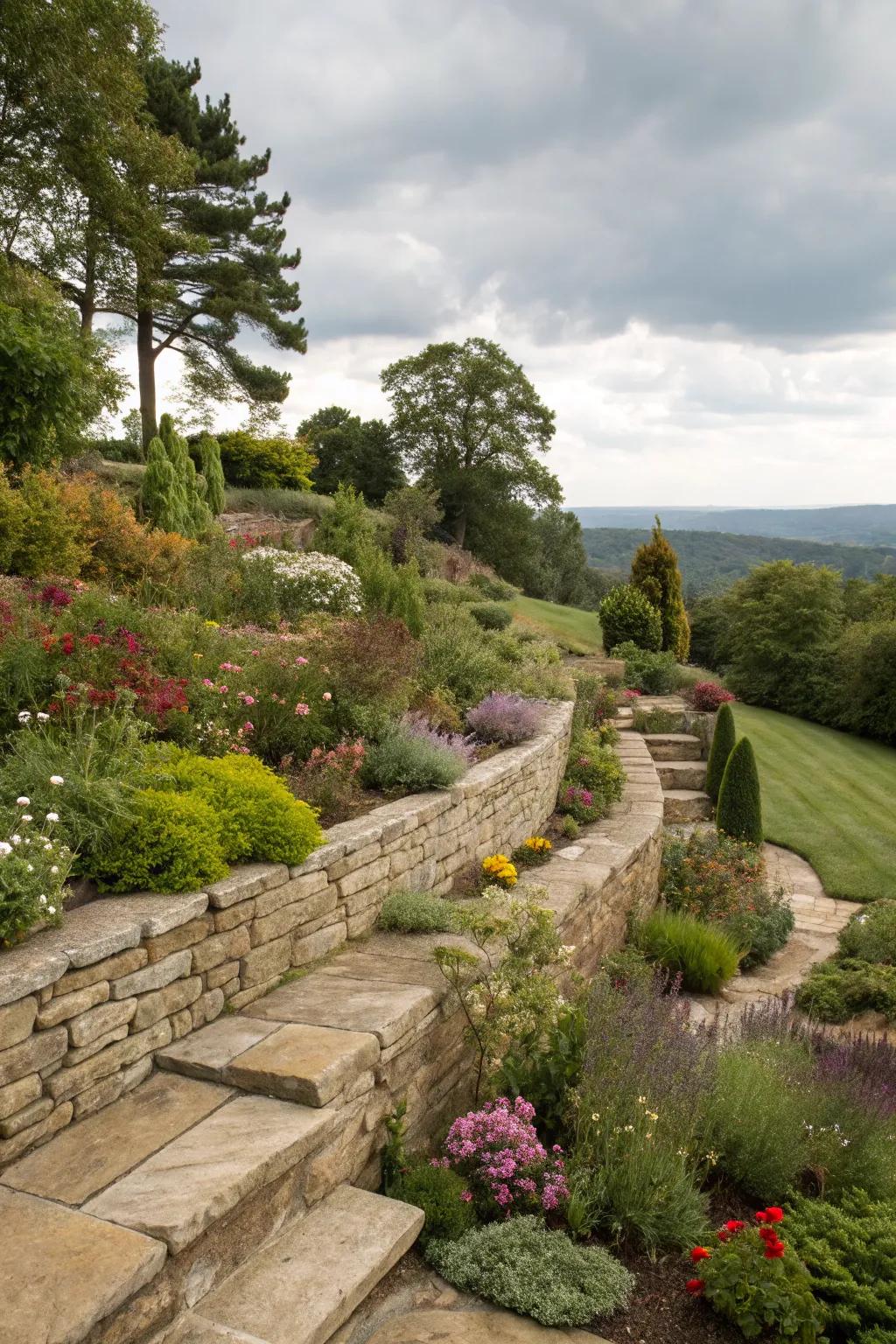 Natural stone retaining walls add stability and beauty.