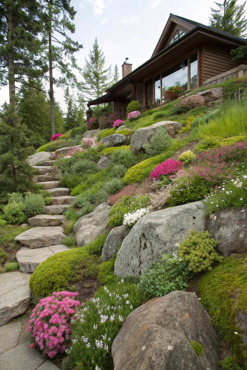 A rock garden adds natural beauty and stability to the slope.