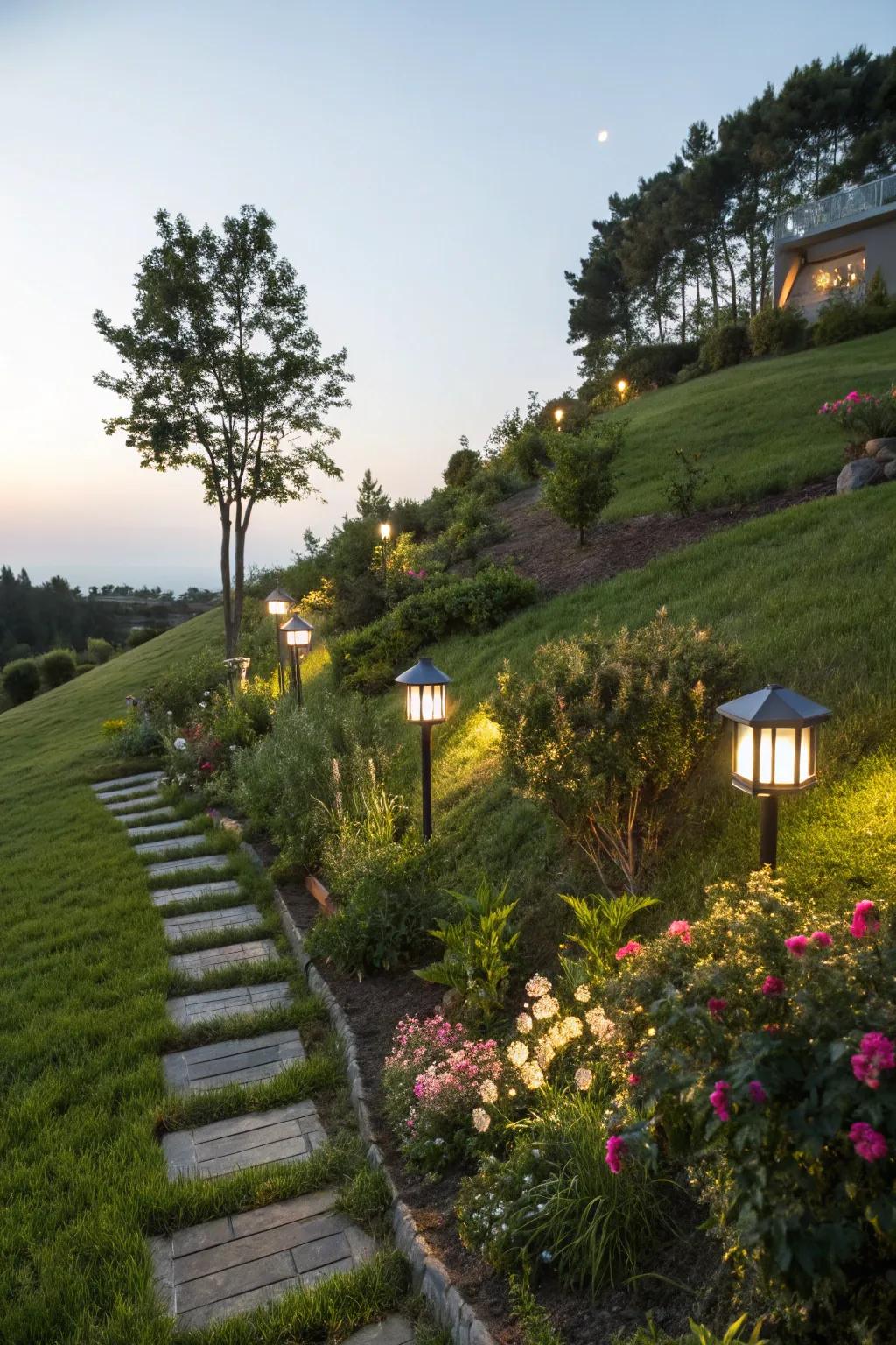 Enchanting lighting creates a magical nighttime garden.