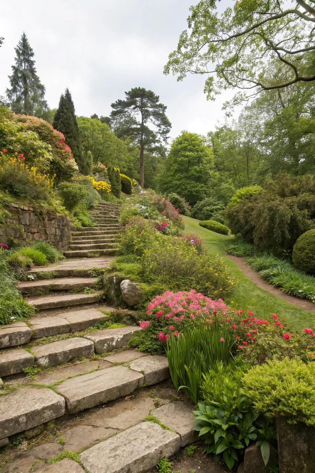 Stone steps artfully integrated into a sloped garden pathway.
