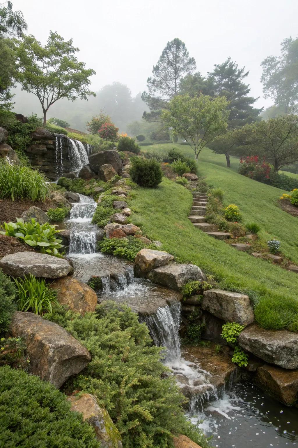 A waterfall adds tranquility and attracts wildlife.