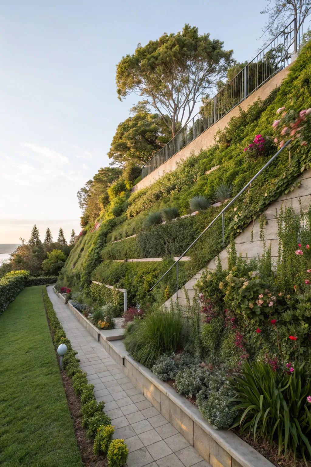 Vertical gardens enhance slopes with lush greenery.