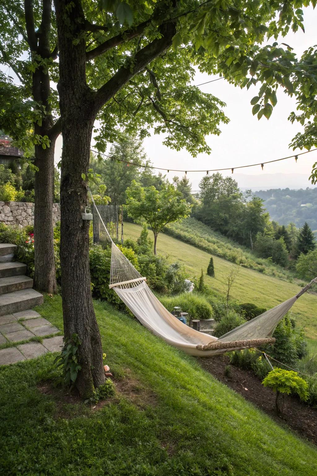 A hammock offers a peaceful retreat with garden views.