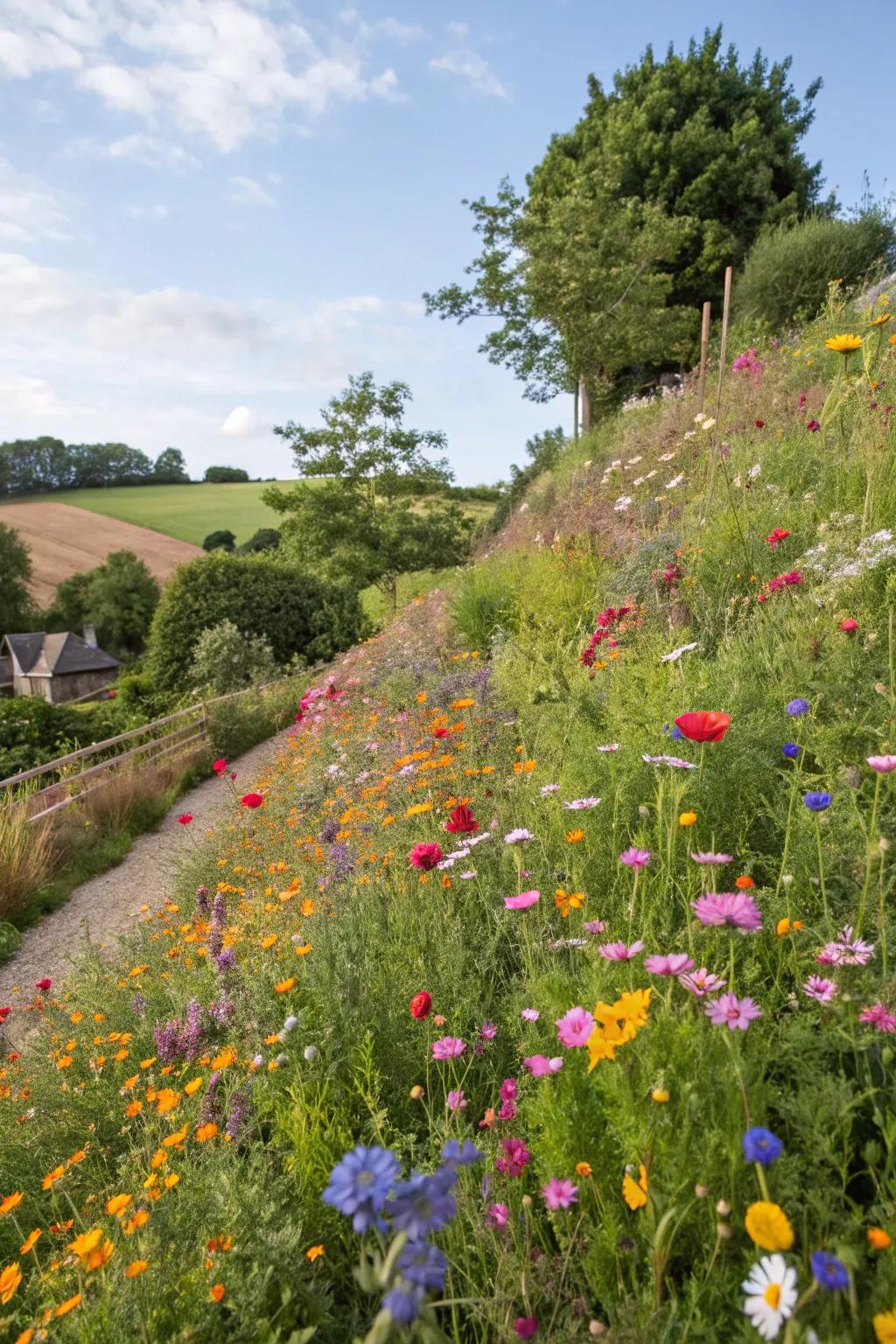 A wildflower meadow brings color and wildlife to the garden.