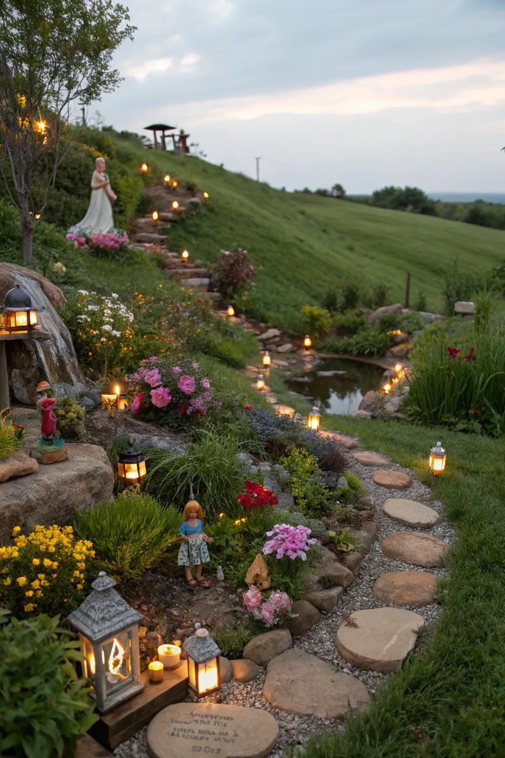A fairy garden adds whimsy and magic to the landscape.