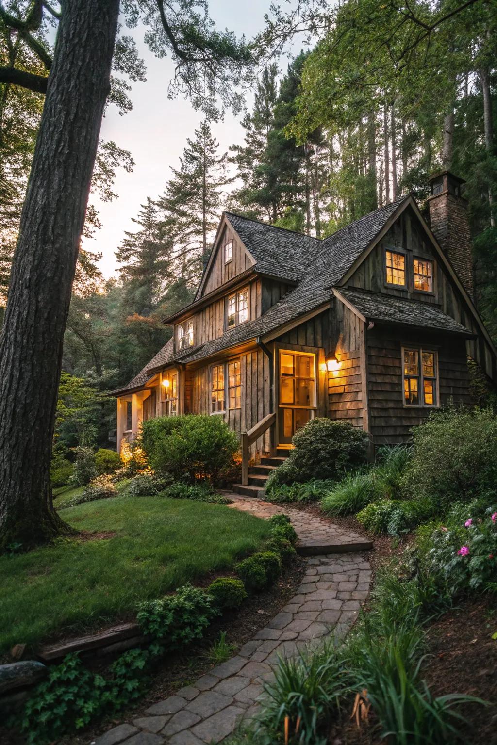 A rustic cedar shingled house nestled in a woodland setting.