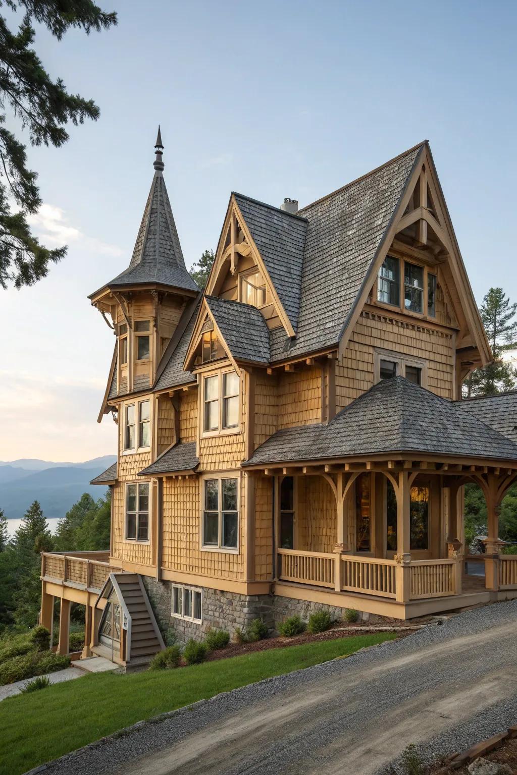 A cedar sided house featuring unique and eye-catching rooflines.