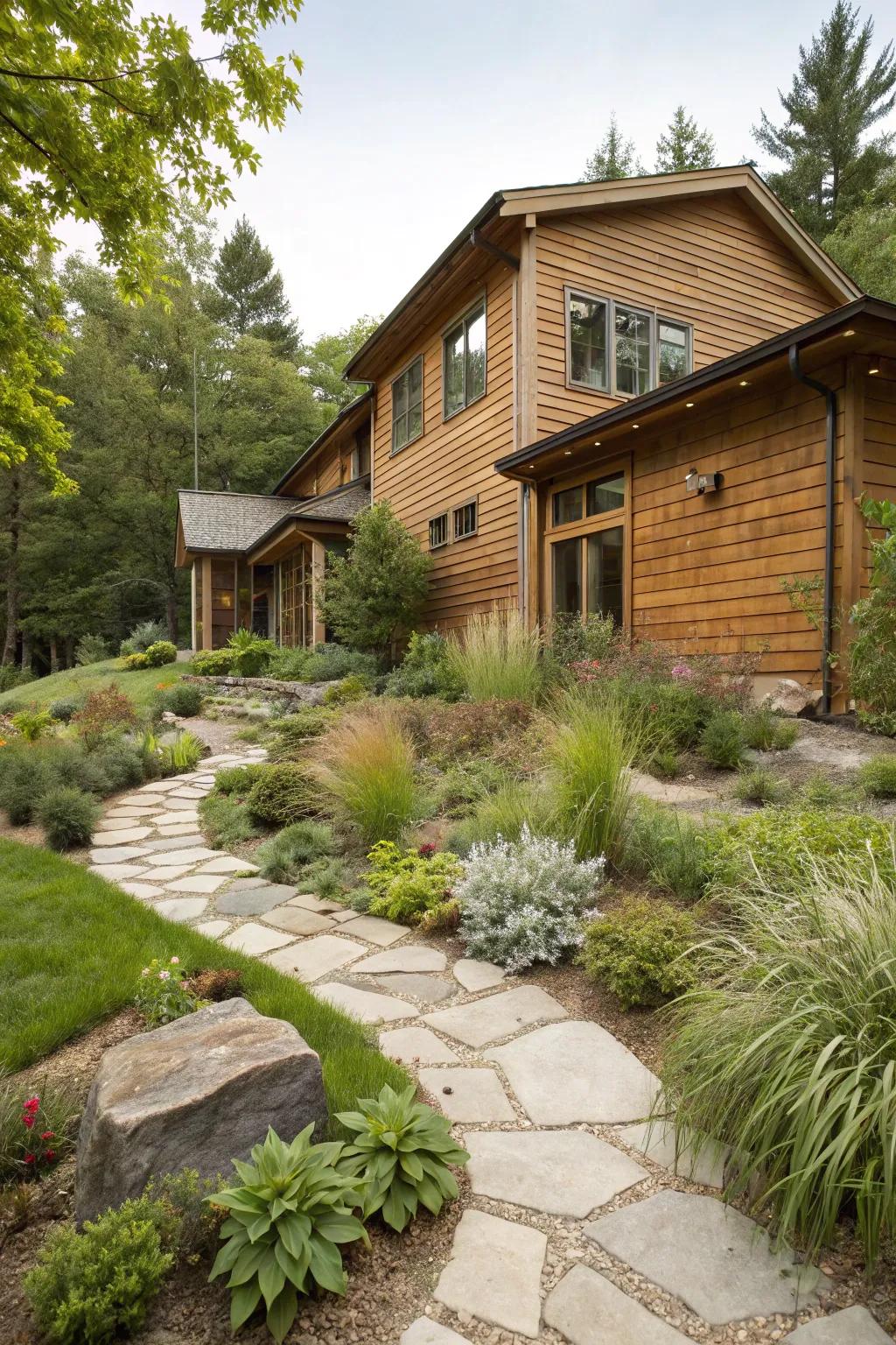 A cedar sided house surrounded by eco-friendly landscaping with native plants.