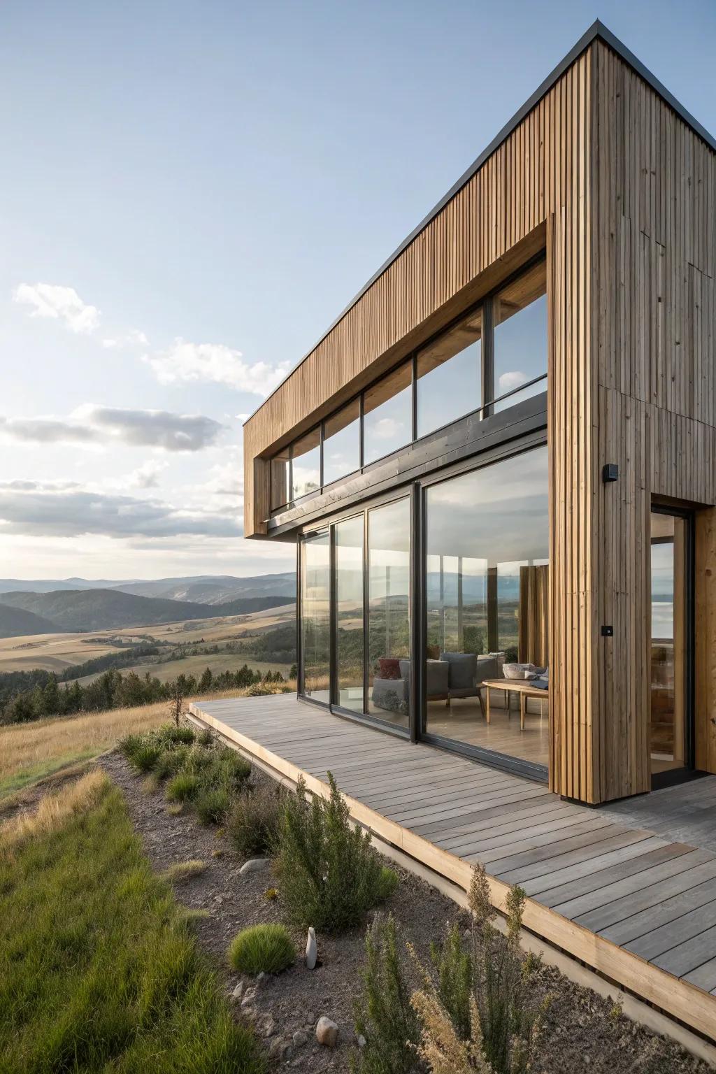 A contemporary cedar sided house featuring expansive glass panels.