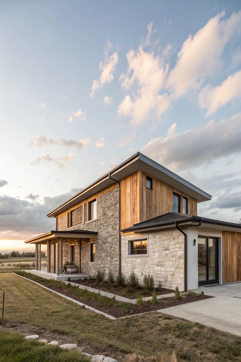 A modern cedar sided house complemented by elegant stone accents.