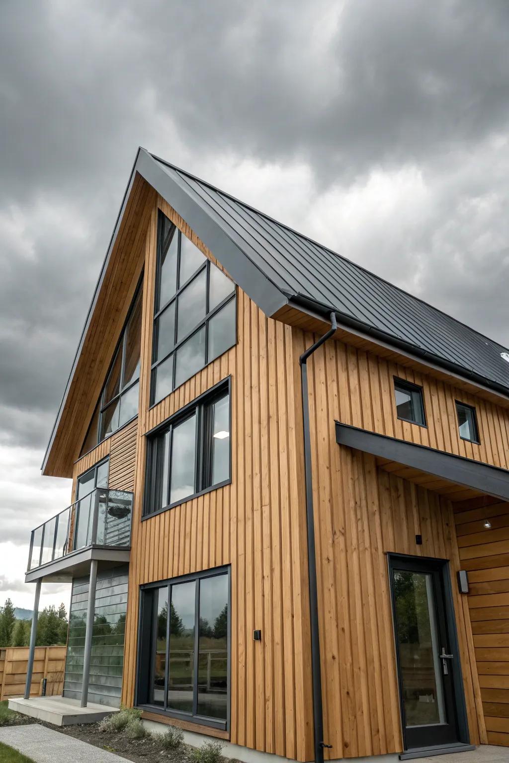 A cedar sided house with sleek metal accents for a modern industrial look.