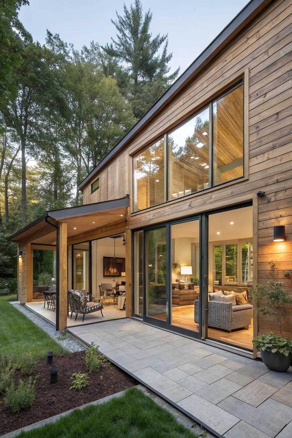 A cedar sided house with an open layout that seamlessly connects indoor and outdoor spaces.