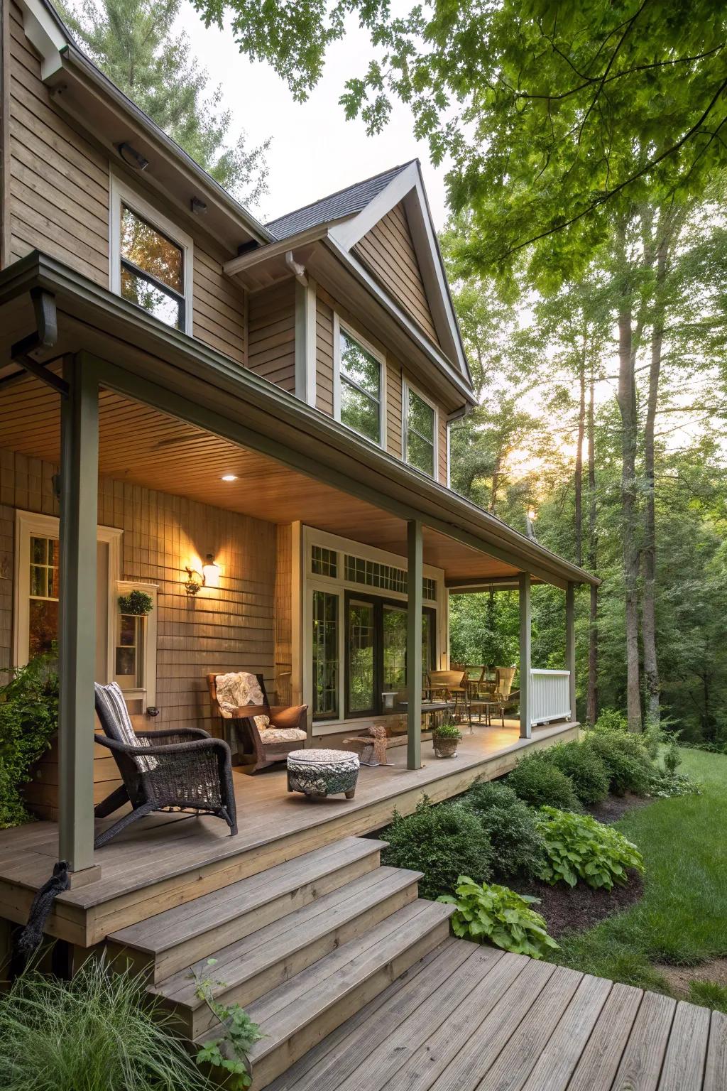 A cedar sided house featuring a welcoming porch for outdoor living.
