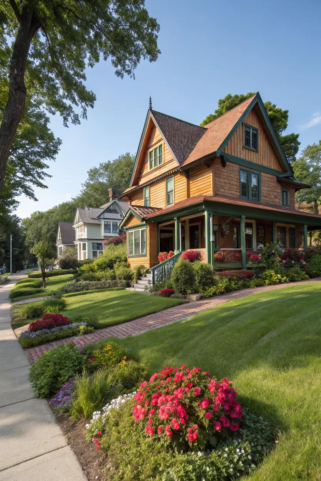 A cedar sided house with bold trims that enhance its natural beauty.