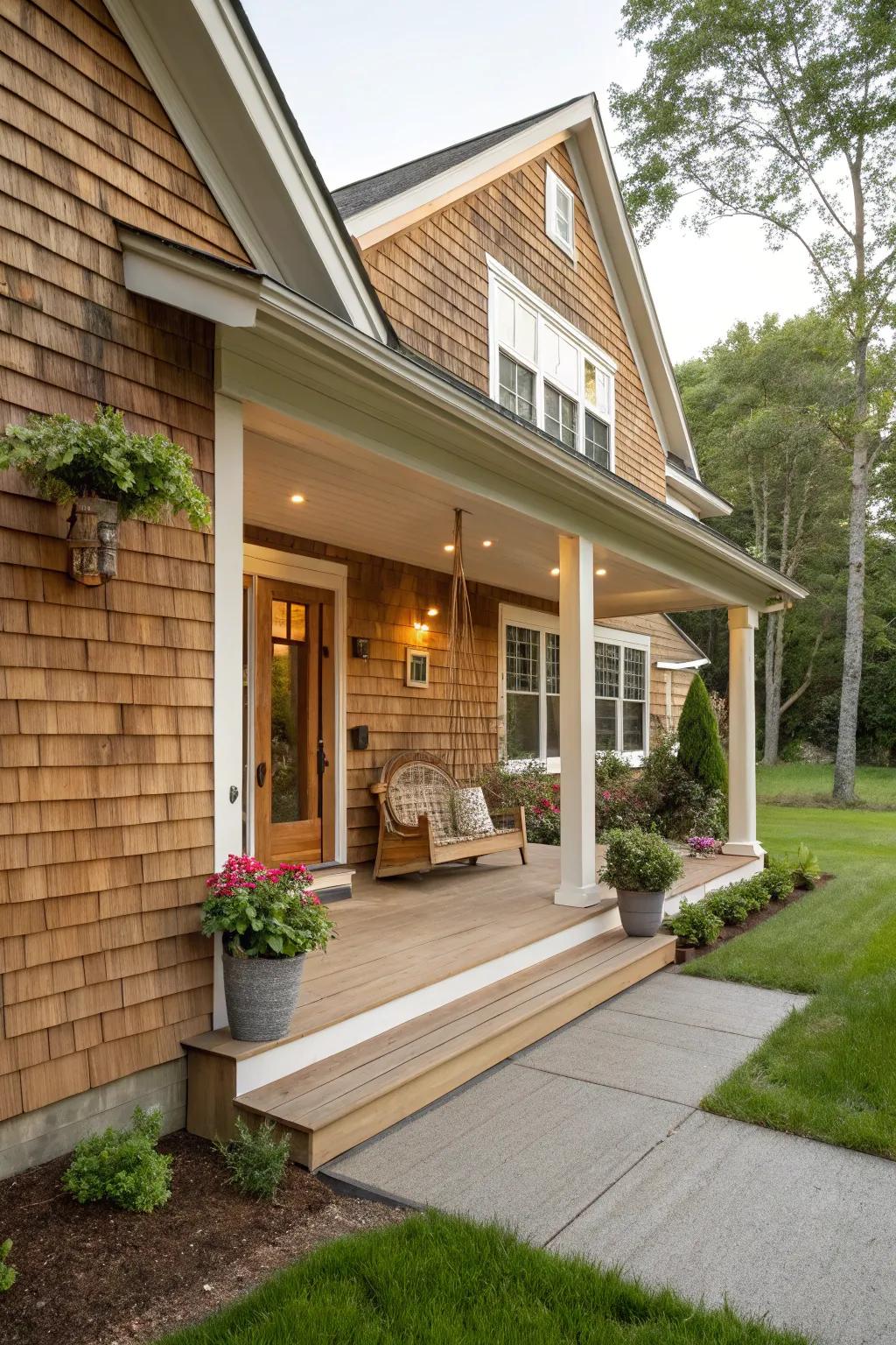 A cedar sided house with a charming porch that welcomes visitors warmly.