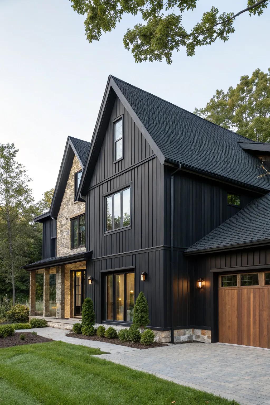 A house with dark-stained cedar siding that exudes drama and sophistication.