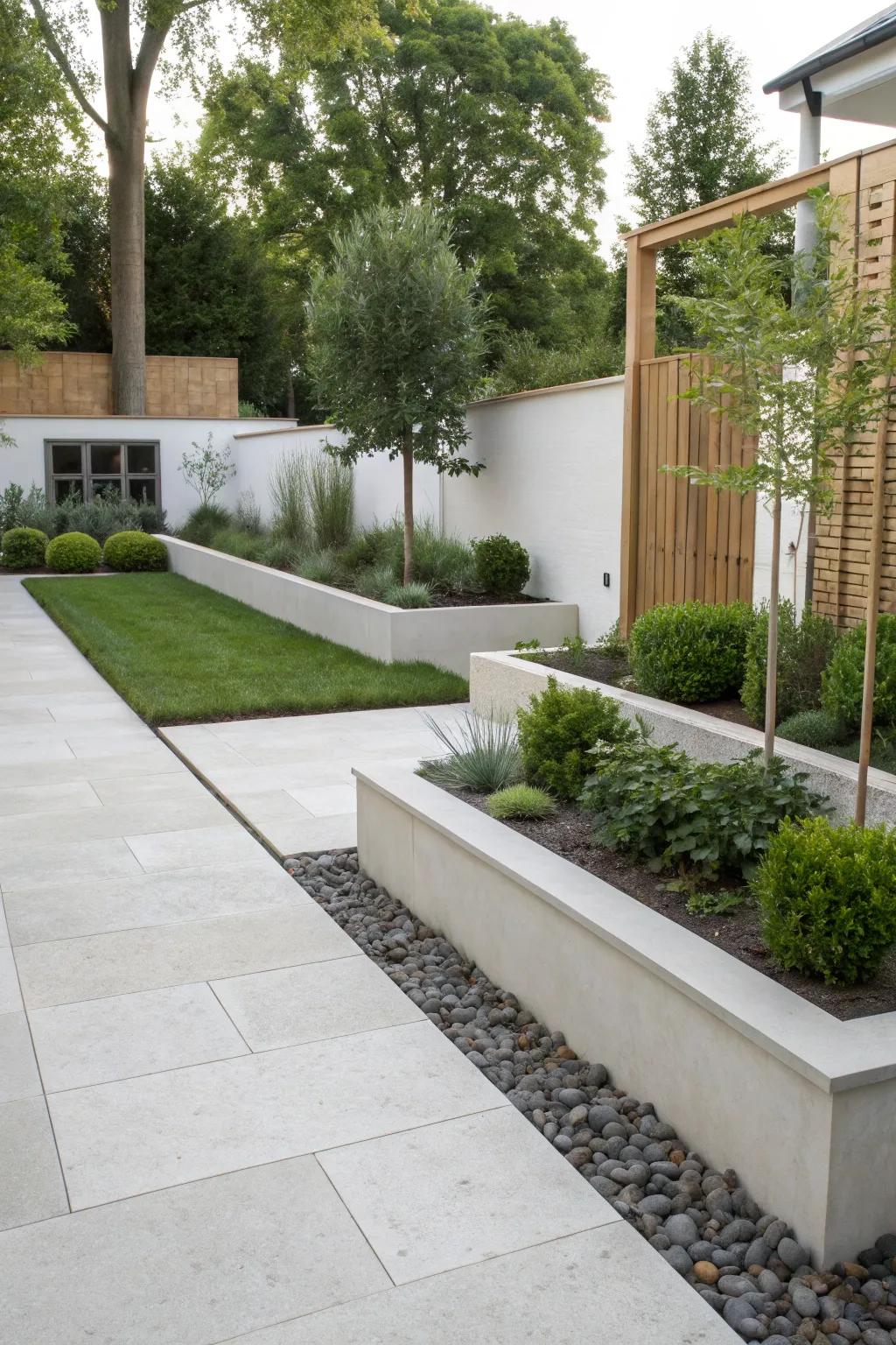 Smooth concrete edging offers a clean and modern garden aesthetic.