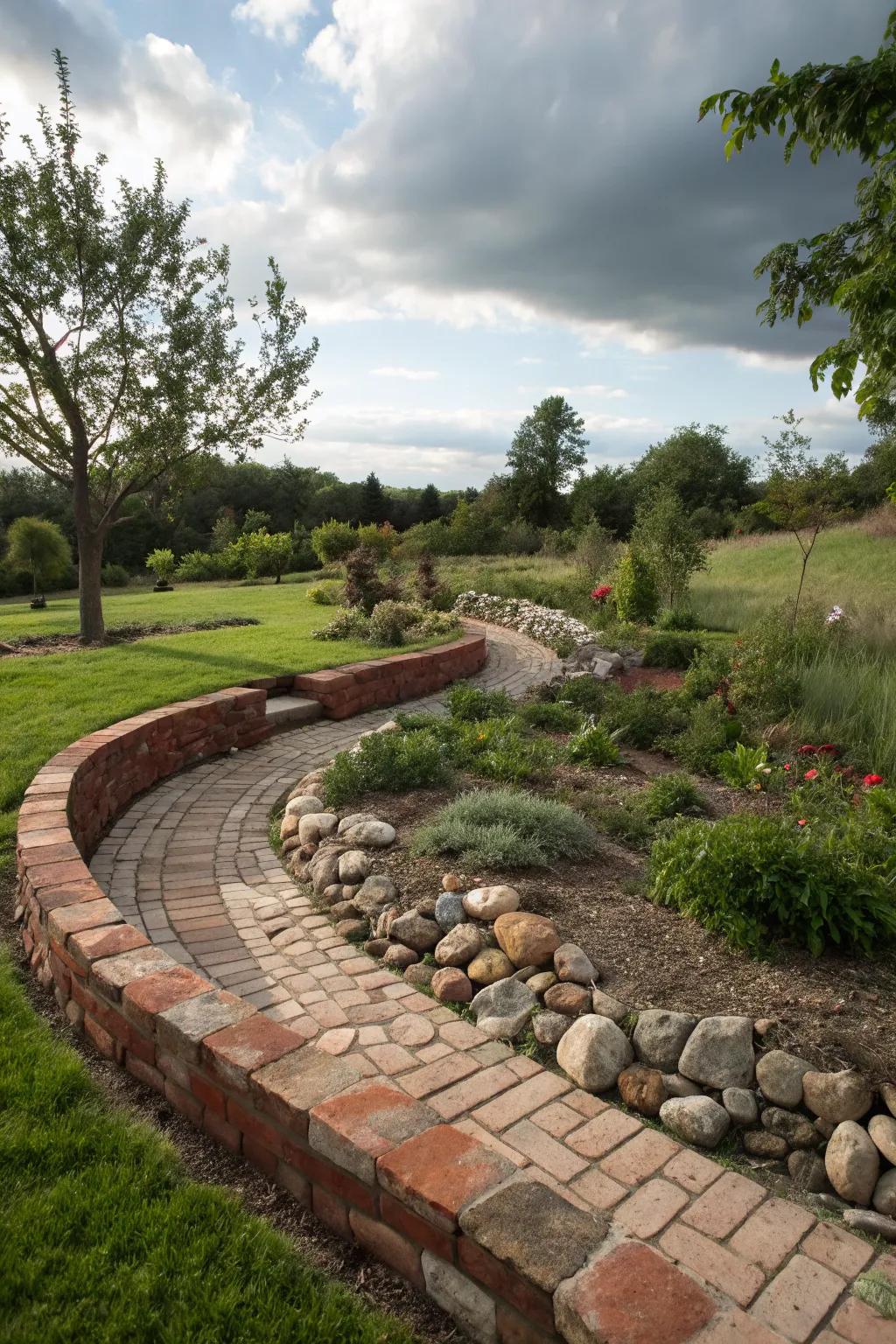 Mixing curbing materials creates a unique and textured garden look.