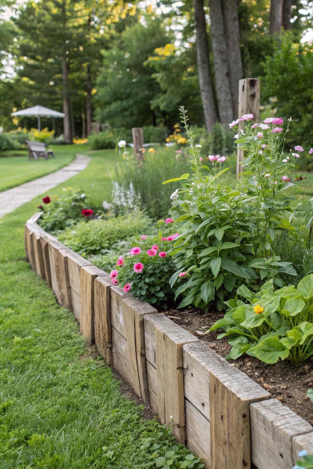 Eco-friendly curbing from recycled materials offers rustic charm.