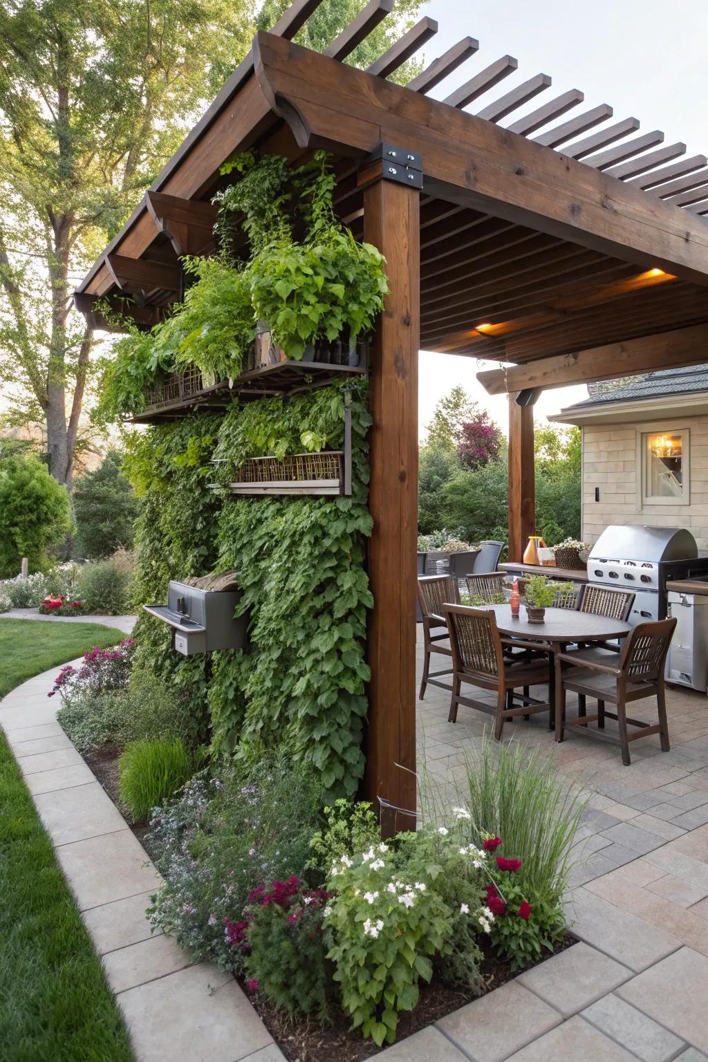 A vertical garden adds greenery and functionality to your pergola.
