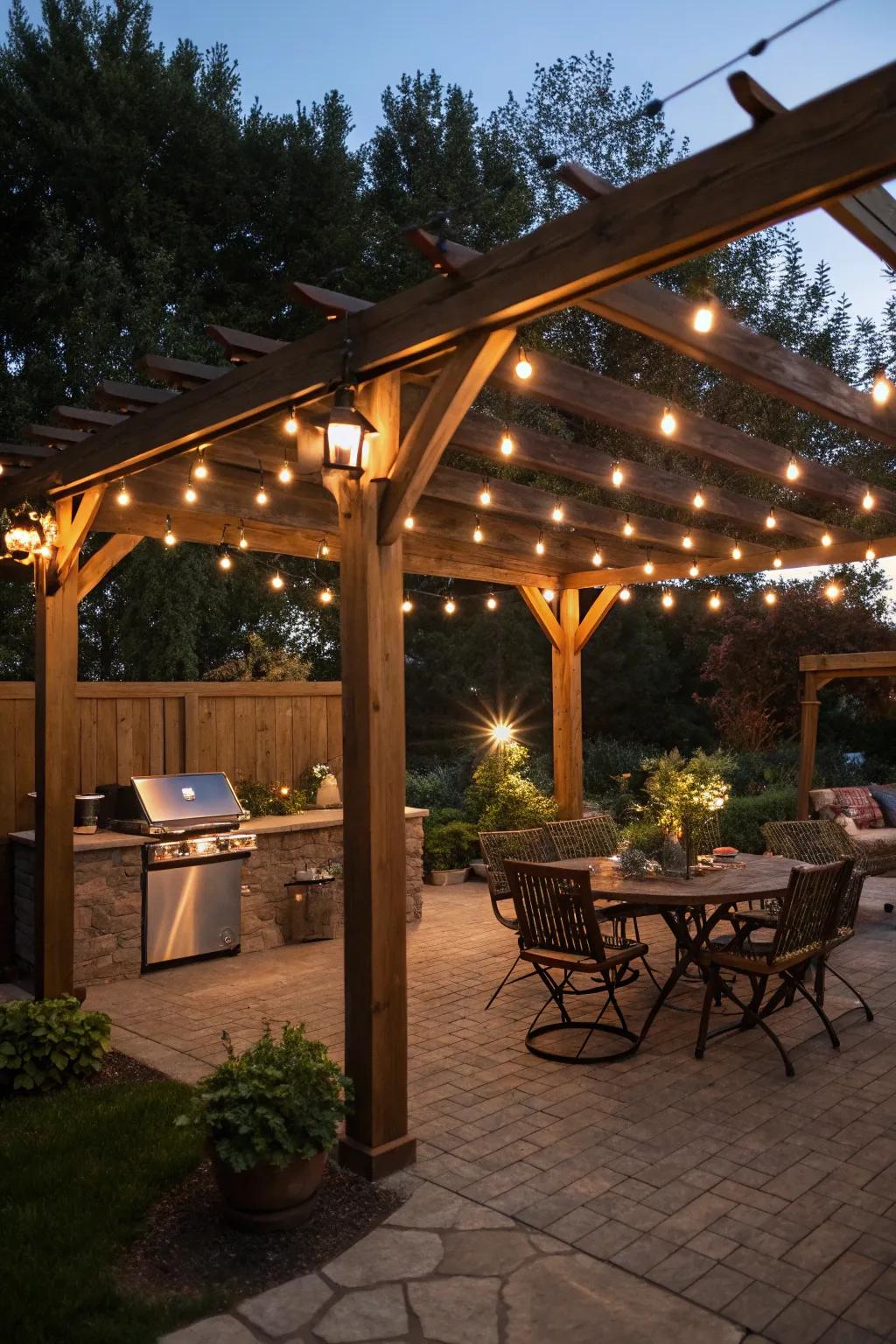 Integrated lighting transforms your pergola into an evening retreat.